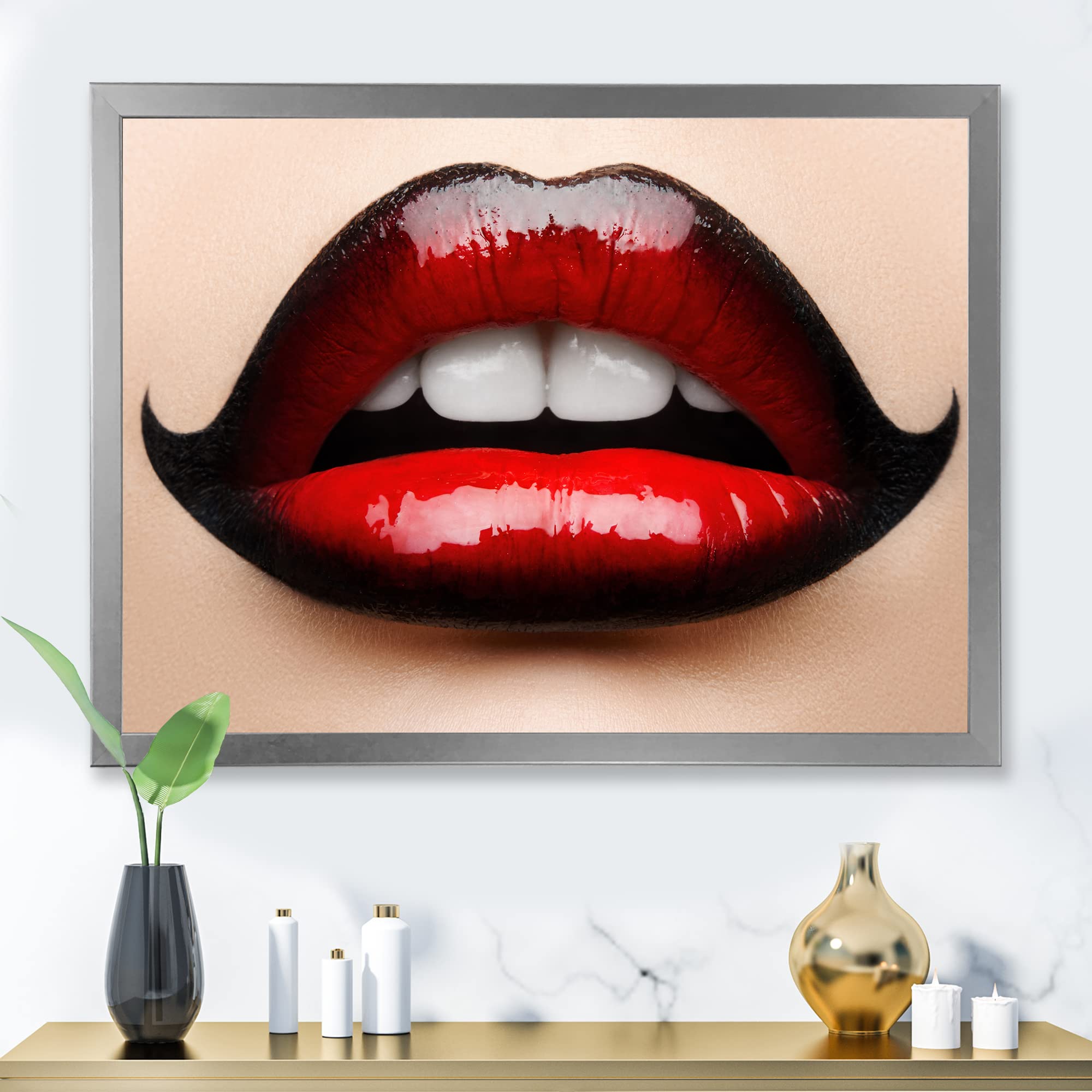 DesignQ Modern Framed Wall Art - Red & Black Lipstick Female Lips Painting - Perfect for Living Room, Bedroom & Office Decor