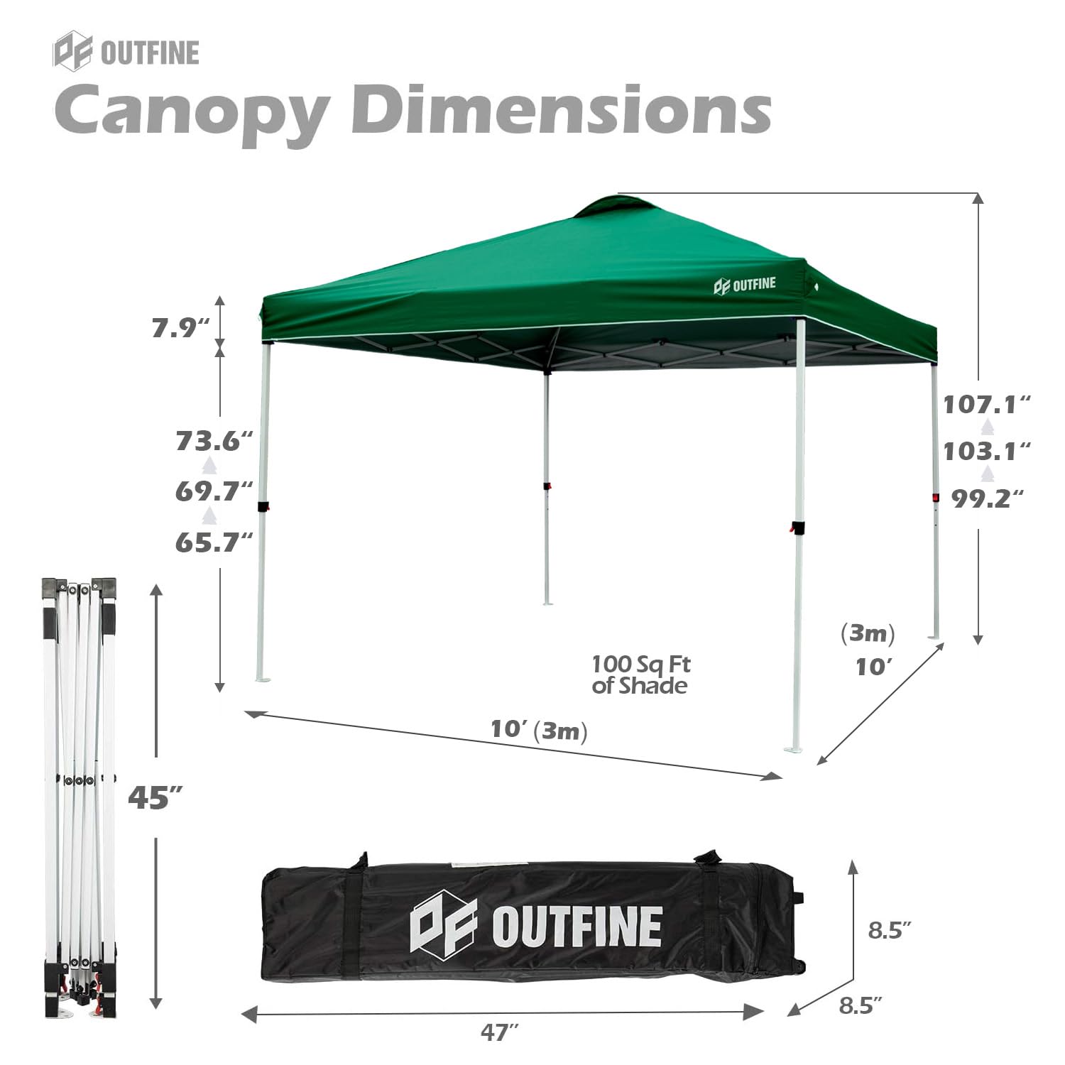OUTFINE 10x10FT Pop-Up Canopy Tent - Instant Gazebo with Wheeled Carry Bag, 4 Sandbags & 8 Stakes (Green) - Perfect for Outdoor Parties, Camping, Beach & Backyard Events