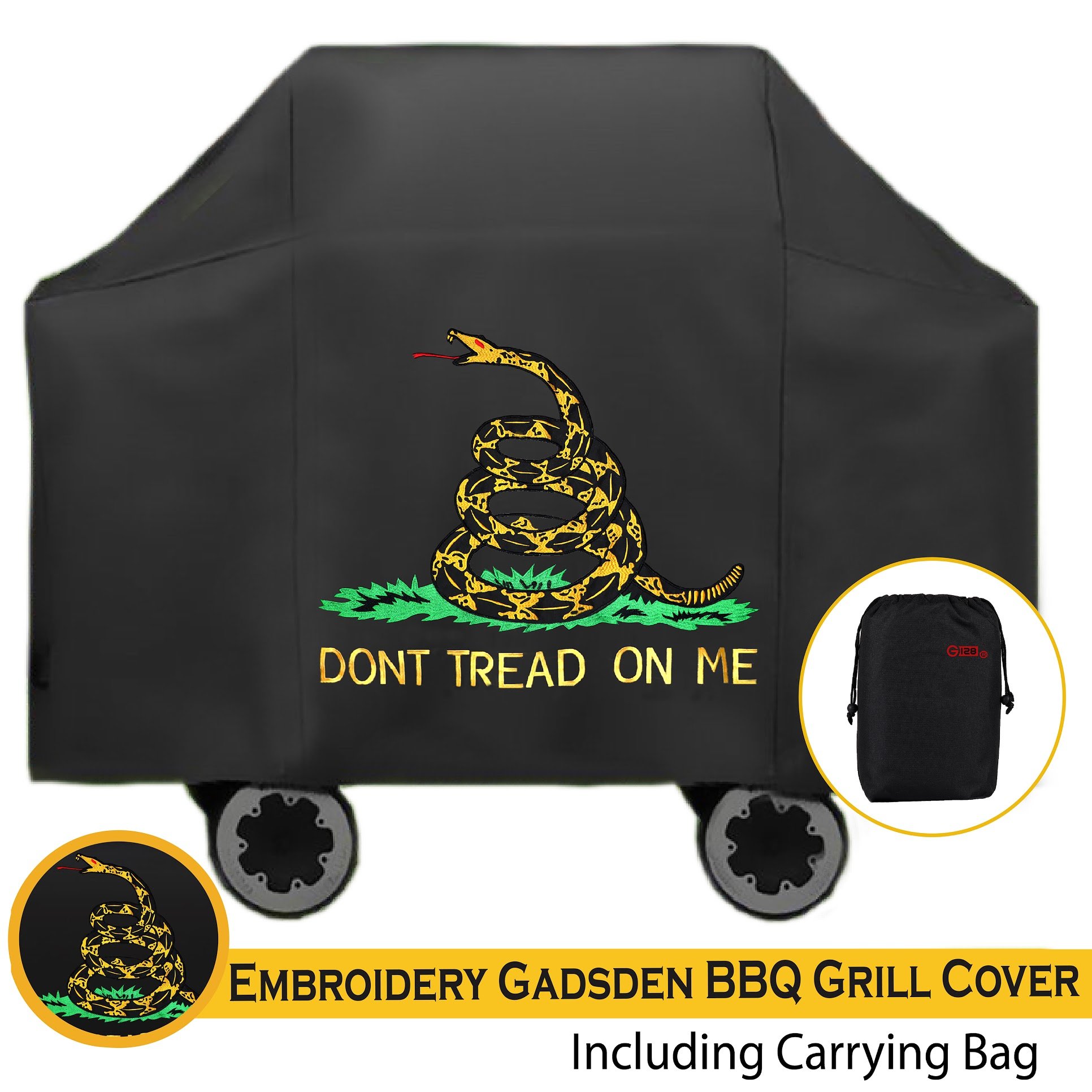 G128 Gadsden Don't Tread on Me 64-Inch Waterproof Gas Grill Cover - Hydrophobic Polyester, UV Resistant, Universal Fit for Most Grill Brands - Perfect for Outdoor BBQs, Patio Protection & Year-Round Use