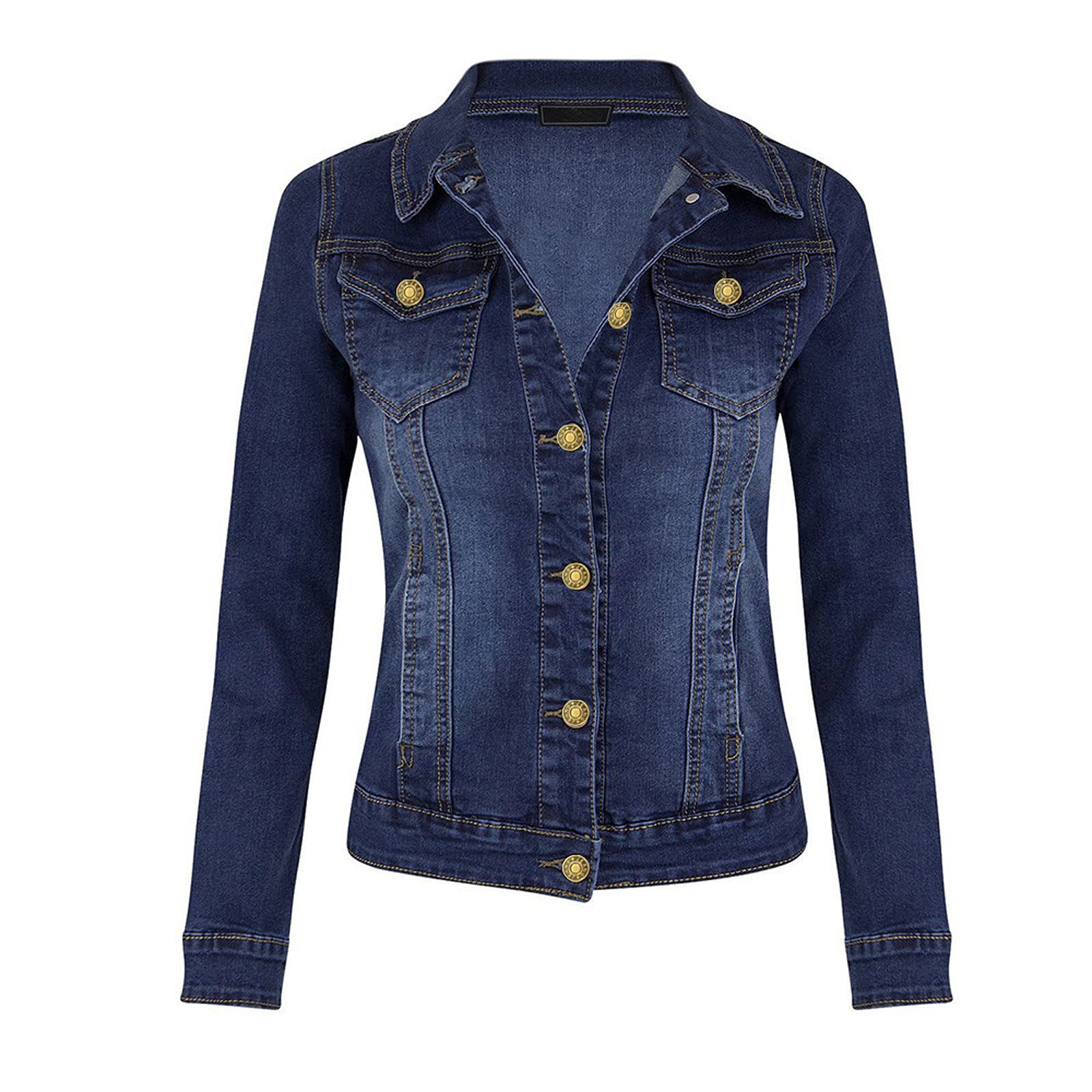 Women's Distressed Stretch Denim Jacket - Slim Fit Casual Long Sleeve Lapel Jean Coat for Everyday Wear | Perfect for Spring, Fall & Layering in Winter