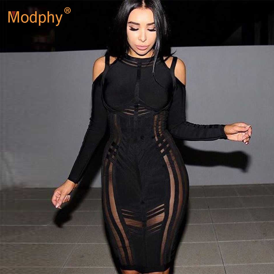 2024 Winter Women's Bandage Bodycon Dress - Striped Celebrity Party Dress in White & Black with Hollow Out Mesh Design | Perfect for Christmas, Holiday Parties, Night Out & Special Occasions