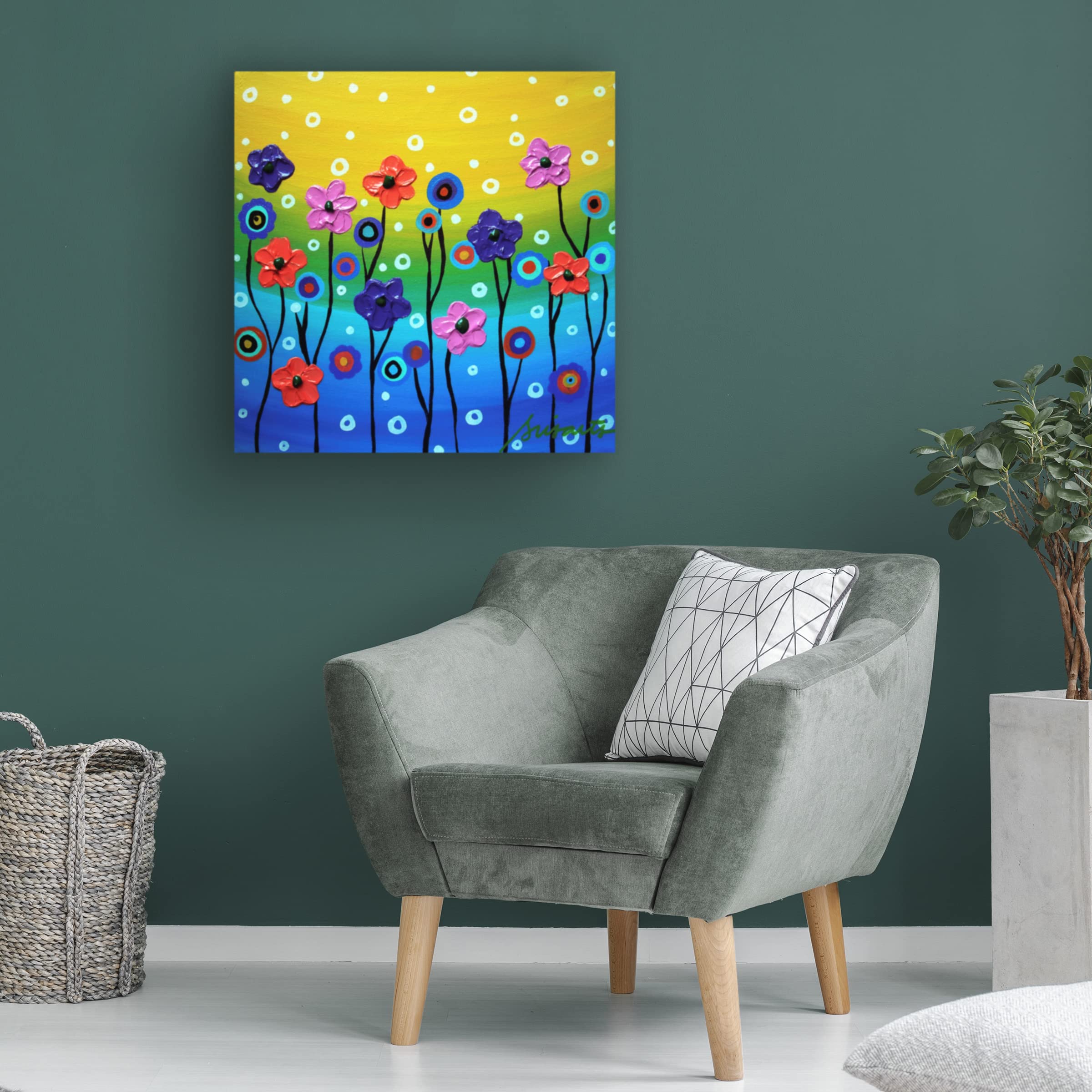 Prisarts Floral Fest 18x18 Canvas Wall Art - Hand-Painted Floral Painting for Living Room, Bedroom & Office Decor