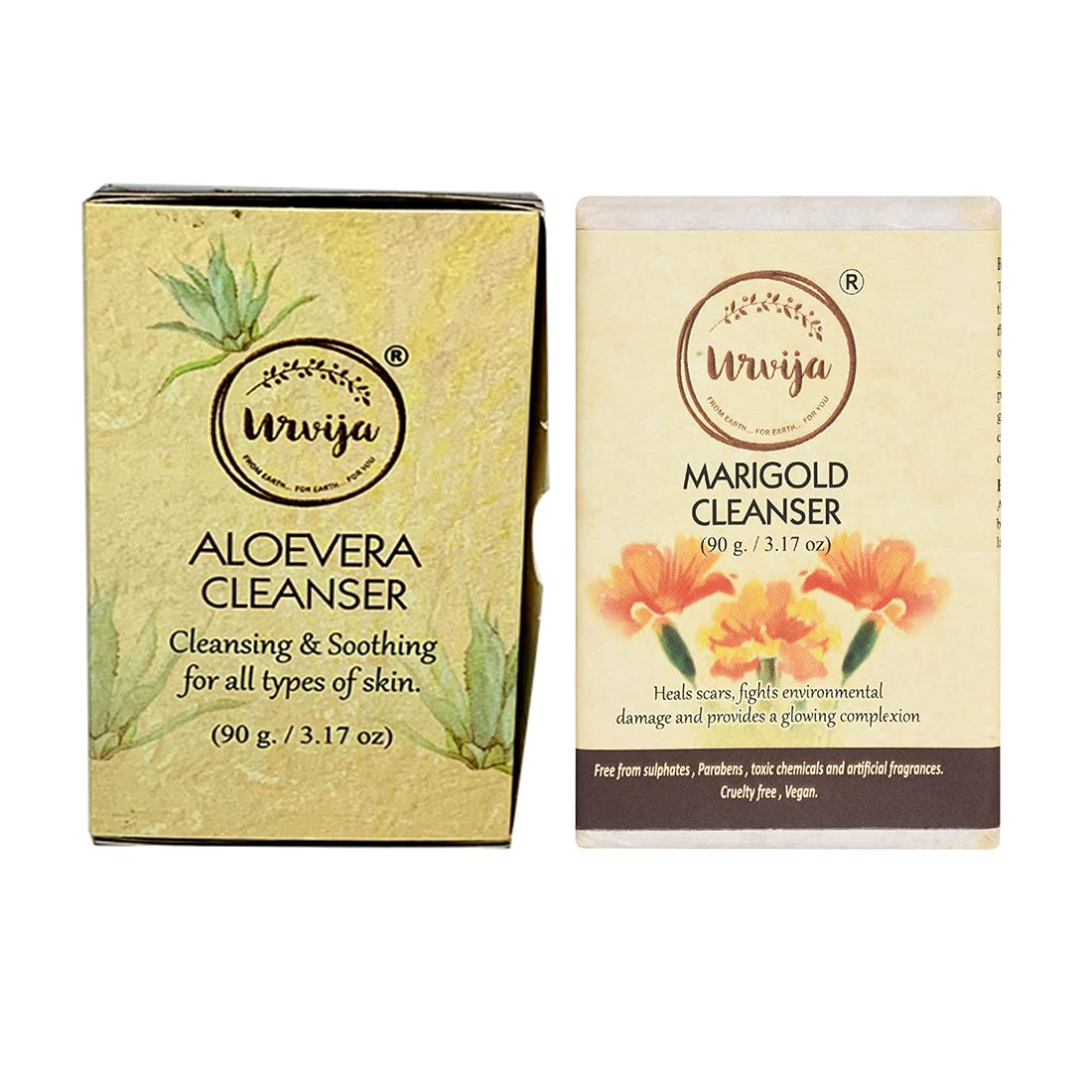 Urvija Aloe Vera & Marigold Cleansing Soap with Calendula and Sandalwood - Sulfate-Free, Essential Oil Based Handmade Soap for Sensitive Skin & Daily Facial Care