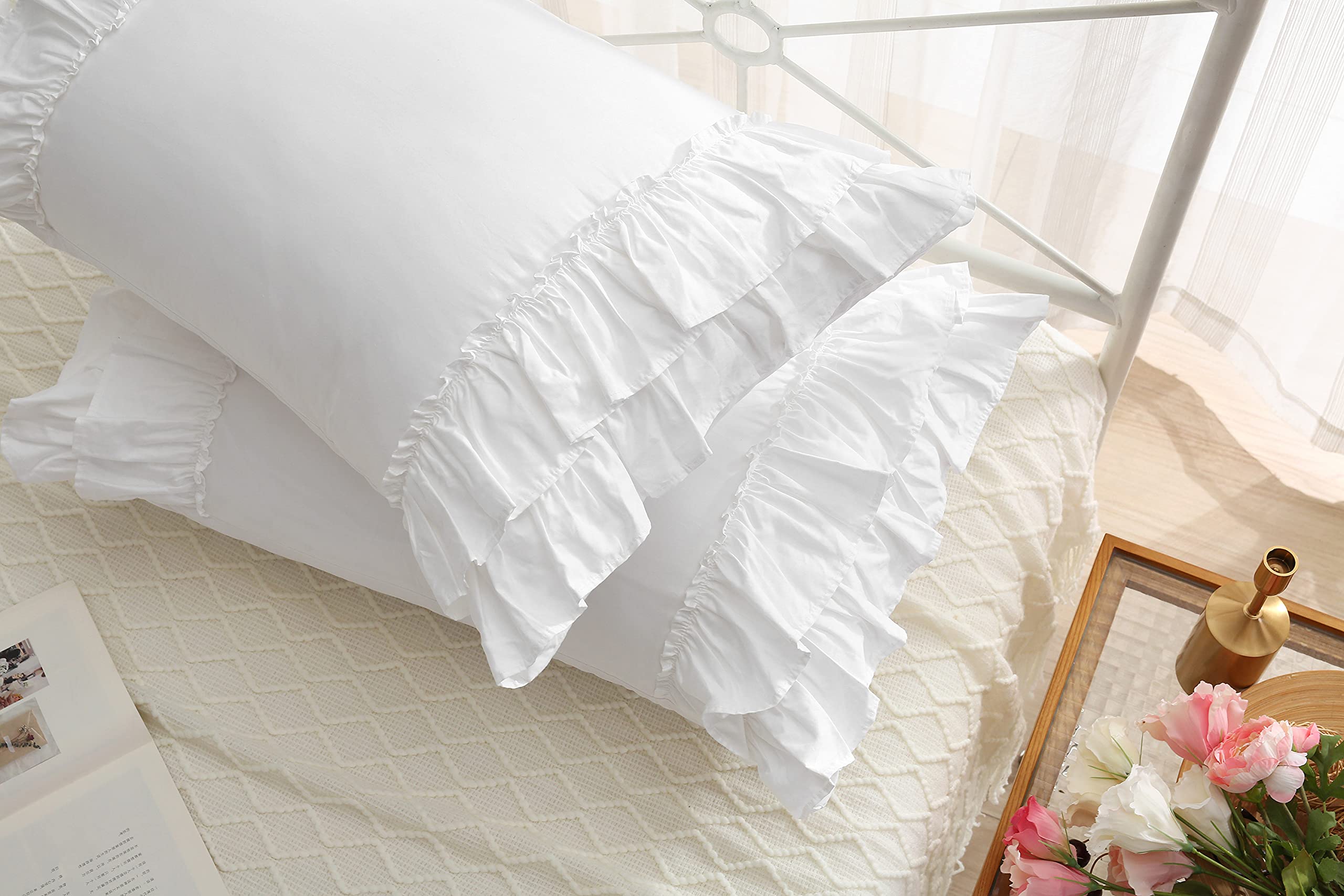 White Ruffles Pillow Shams Queen Size - 2 Pack 30x20 Inch Pure Cotton Ruffled Pillowcases & Covers for Bedroom Decor, Sofa Throw Pillows - Soft Luxury Bedding Accent for Master Bedroom, Guest Room or Living Room