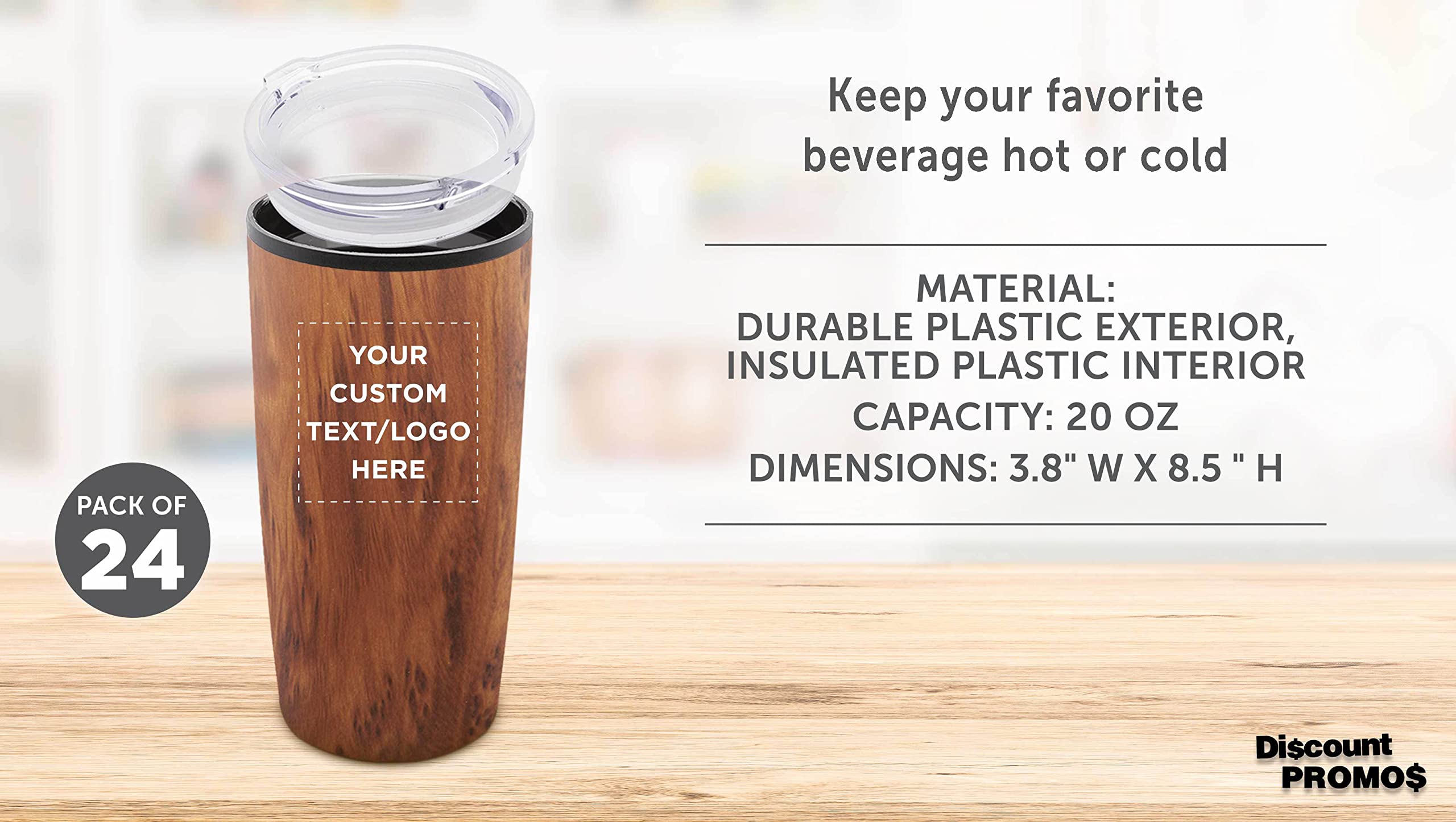 24-Pack Custom 20 oz Plastic Tumblers with Lids - Insulated Personalized Bulk Coffee Cups for Iced Drinks, Travel & Outdoor Use - Wood Grain Design