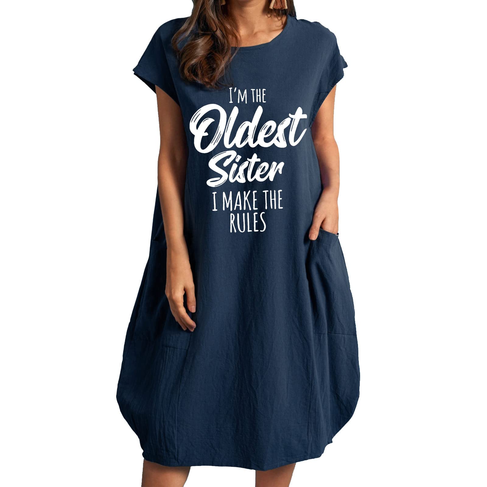 **Maqroz Women's Casual Crew Neck Short Sleeve Midi Dress with Letter Pockets - Loose Fit Trendy Flowy Dress for Summer, Beach, and Everyday Wear**