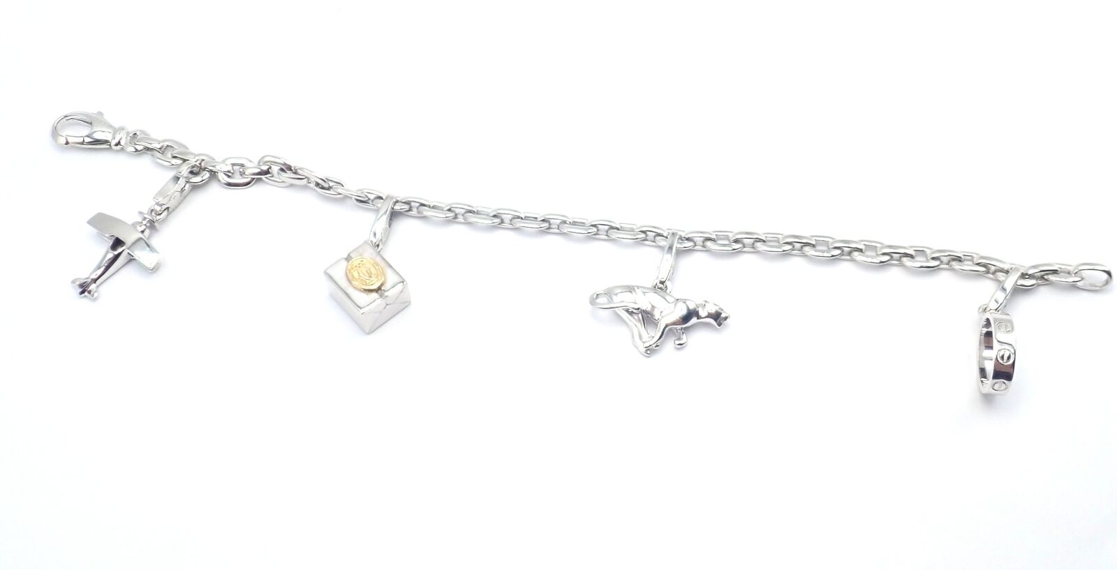 Authentic Cartier 18k White Gold Bracelet with 4 Charms - Panther, Airplane, Love & Box Link | Luxury Jewelry Gift for Women, Anniversary & Special Occasions