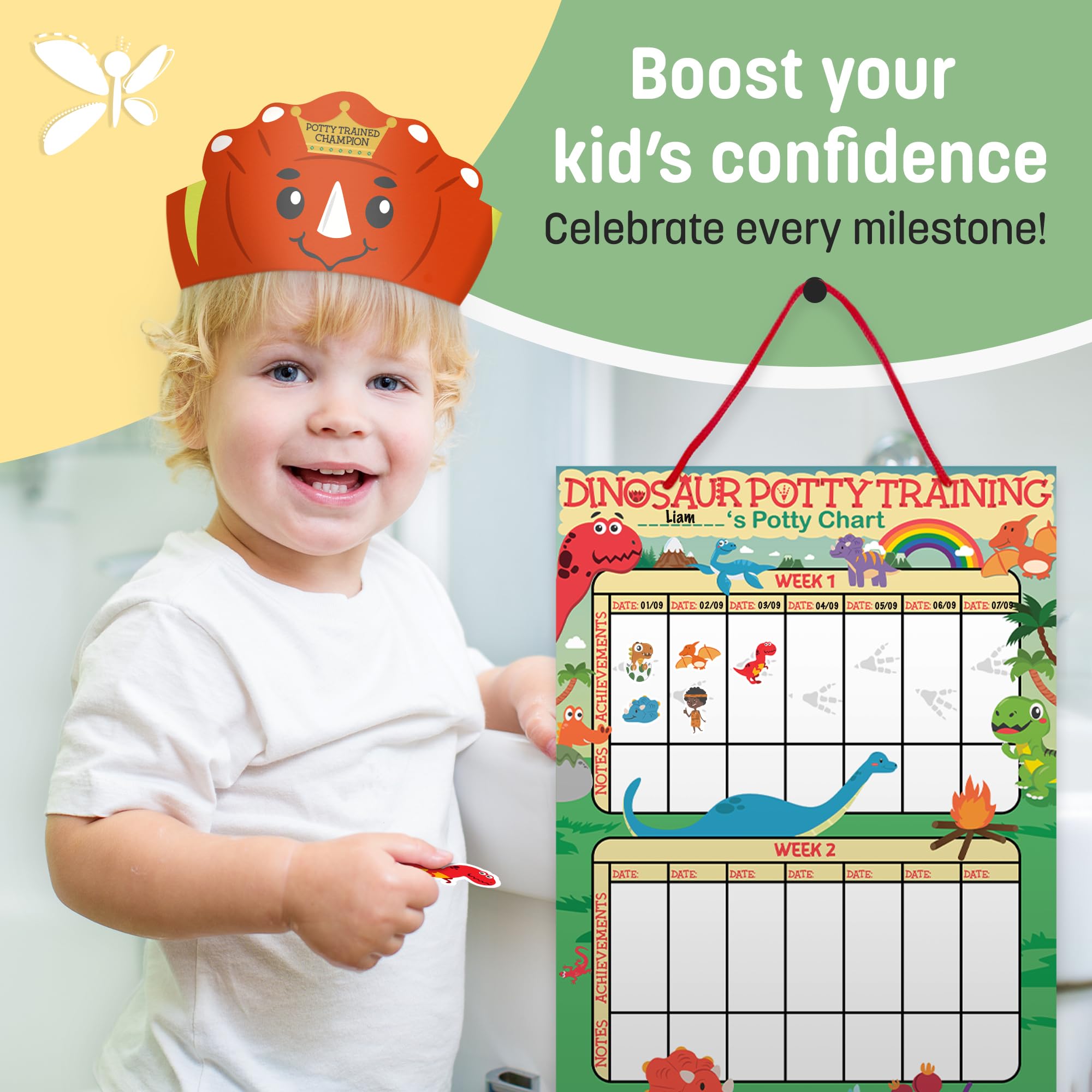 Dinosaur Potty Training Chart for Toddlers - 194 Stickers, 2 Crowns, Motivational Certificate & Erasable Pen | Reward System for Boys & Girls | Perfect for Daycare, Preschool & Home Use