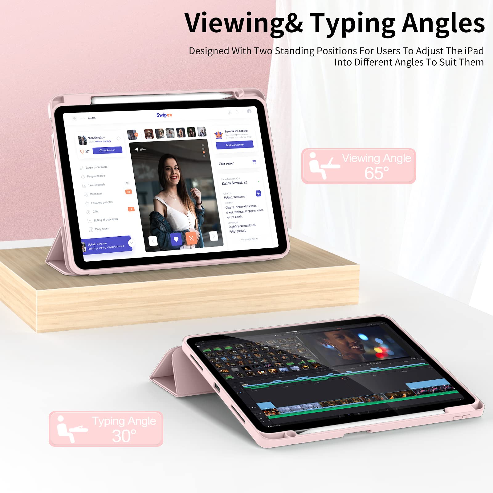 KenKe iPad Air 11 Inch Case (M2) - Compatible with iPad Air 5th/4th Gen 10.9 Inch | Built-in Apple Pencil Holder & Charging | Tri-fold Stand Cover with Auto Sleep/Wake | Protective Case for iPad Air 2024/2022/2020 | Pink - Perfect for Work, Study & Travel