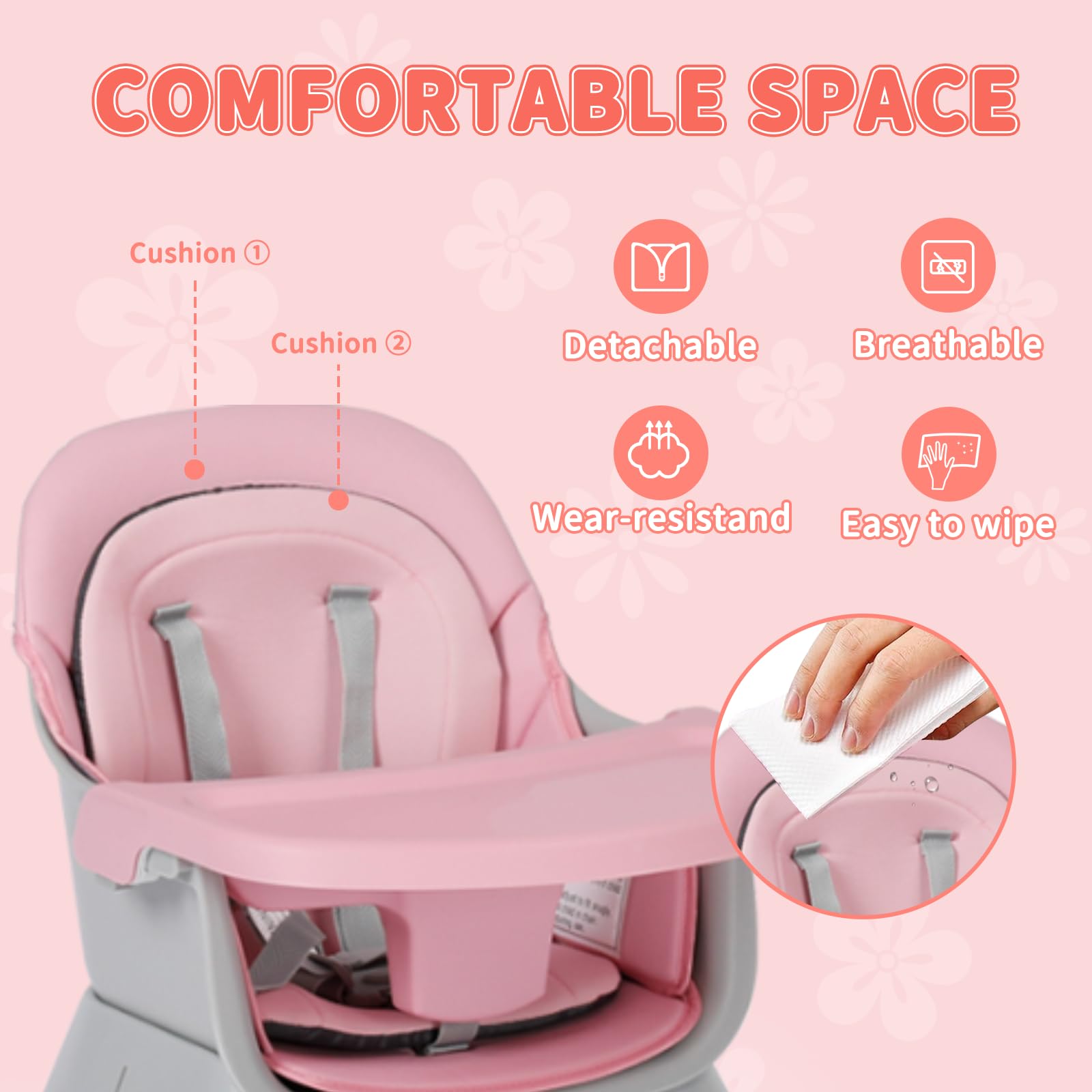 Kinder King 8-in-1 Convertible Baby High Chair - Dining Booster Seat, Kids Table & Chair Set, Toddler Activity Table with Building Blocks, Stool - Removable Tray & Washable Double Seat Cover - Easy Clean Pink (Perfect for Feeding, Playtime & Learning Activities)