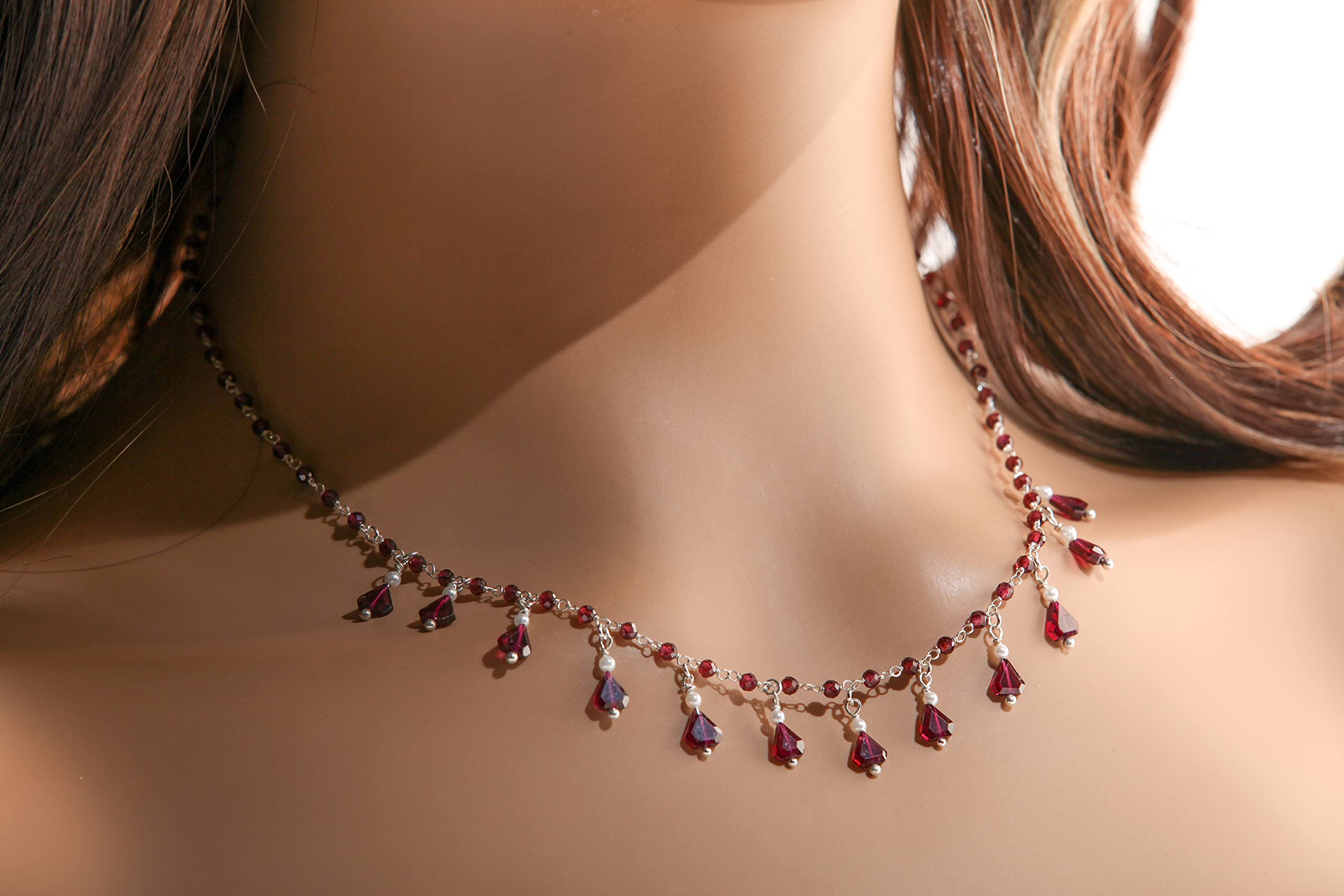 Genuine Merlot Red Faceted Garnet & Freshwater Pearl Necklace - 925 Sterling Silver with Lobster Clasp (16
