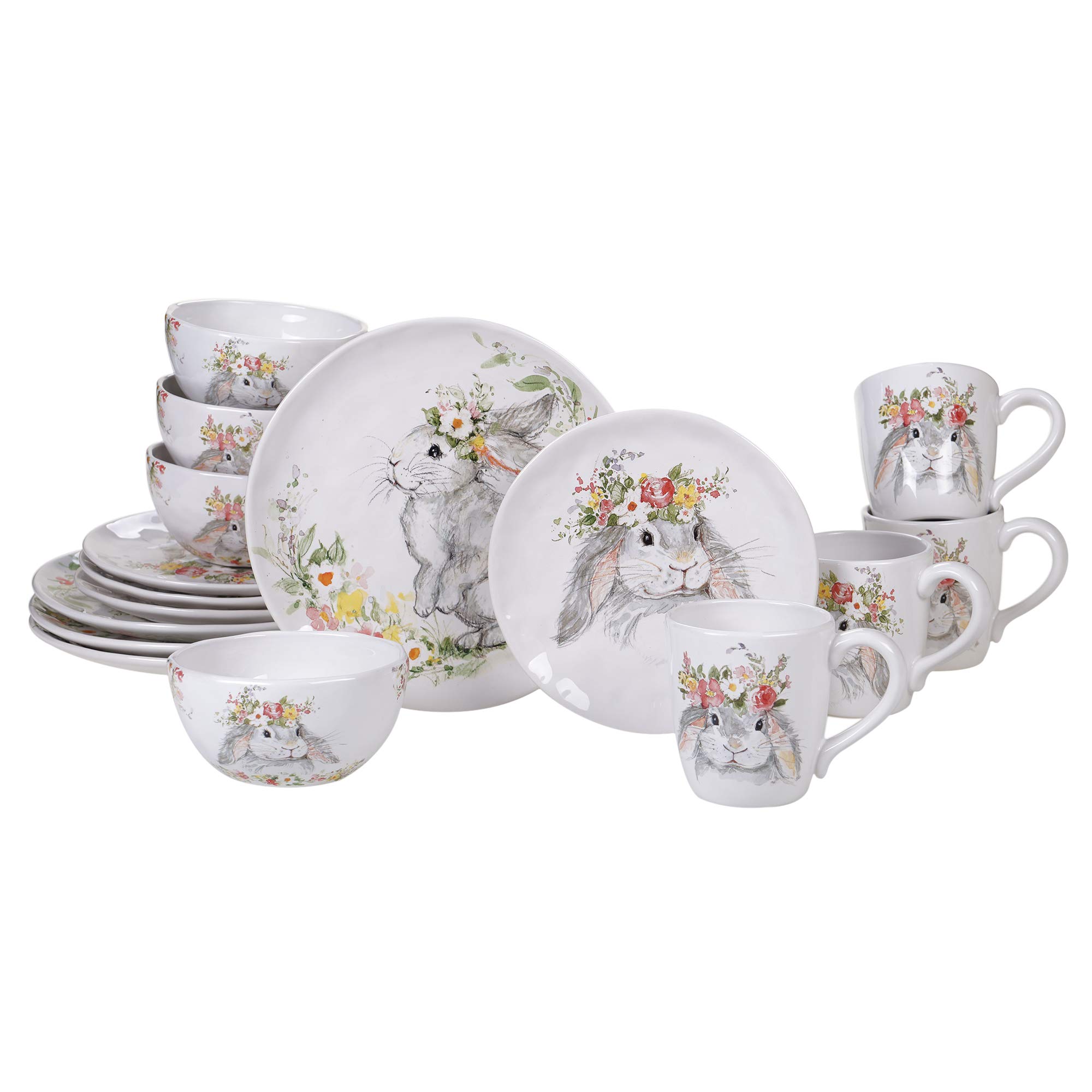 Certified International Sweet Bunny 16-Piece Dinnerware Set - Service for 4, Colorful Porcelain Plates, Bowls & Mugs - Perfect for Family Dinners, Easter Celebrations & Spring Table Decor