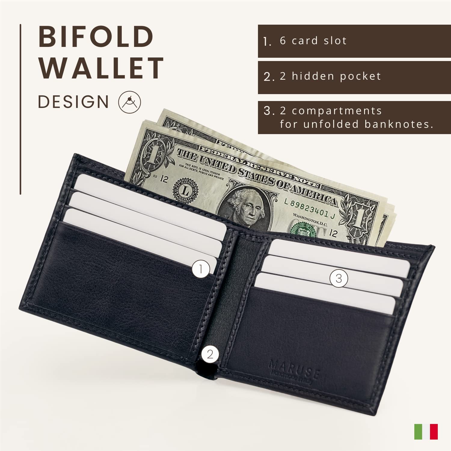 Premium Italian Leather Bifold Wallet for Men - Slim & Minimalist Genuine Calf Leather Wallet with Multiple Pockets - Navy Blue - Perfect Gift for Business, Travel & Everyday Use