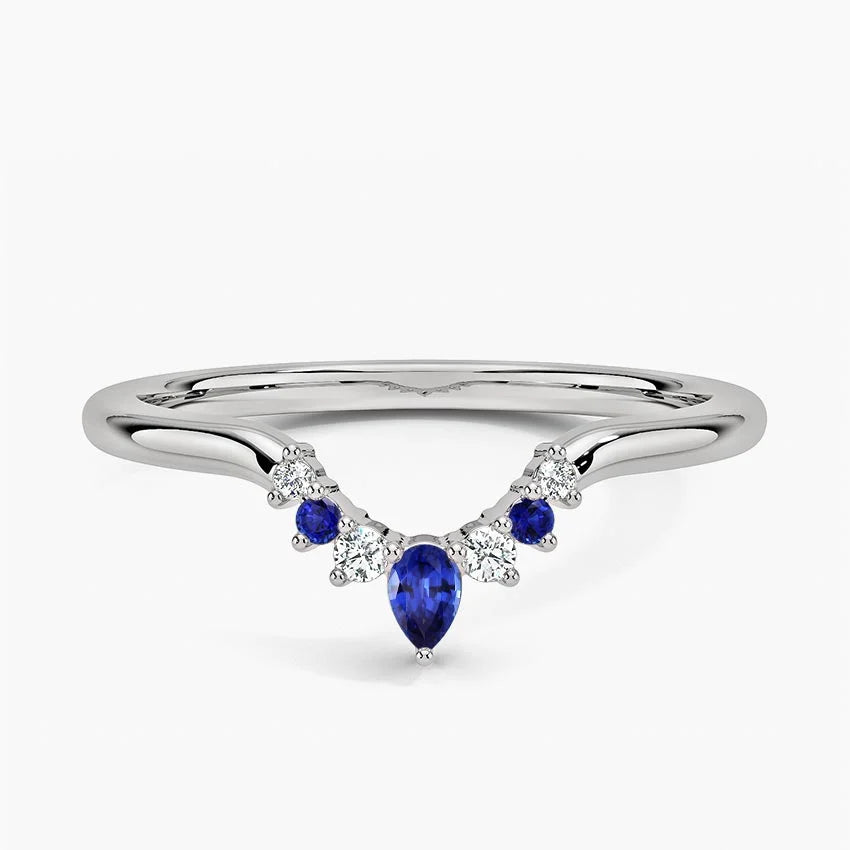 Lab Grown Sapphire & Diamond Wedding Band Ring for Women - 14K White Gold Contoured Engagement Ring - Perfect for Bridal Sets, Anniversary Gifts & Special Occasions