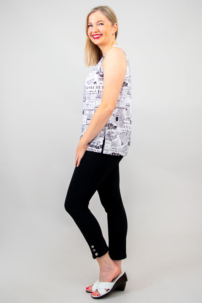 Dena Tank Top for Women - French News Print Linen Bamboo Blend - Perfect for Casual Wear, Summer Outfits, and Beach Vacations