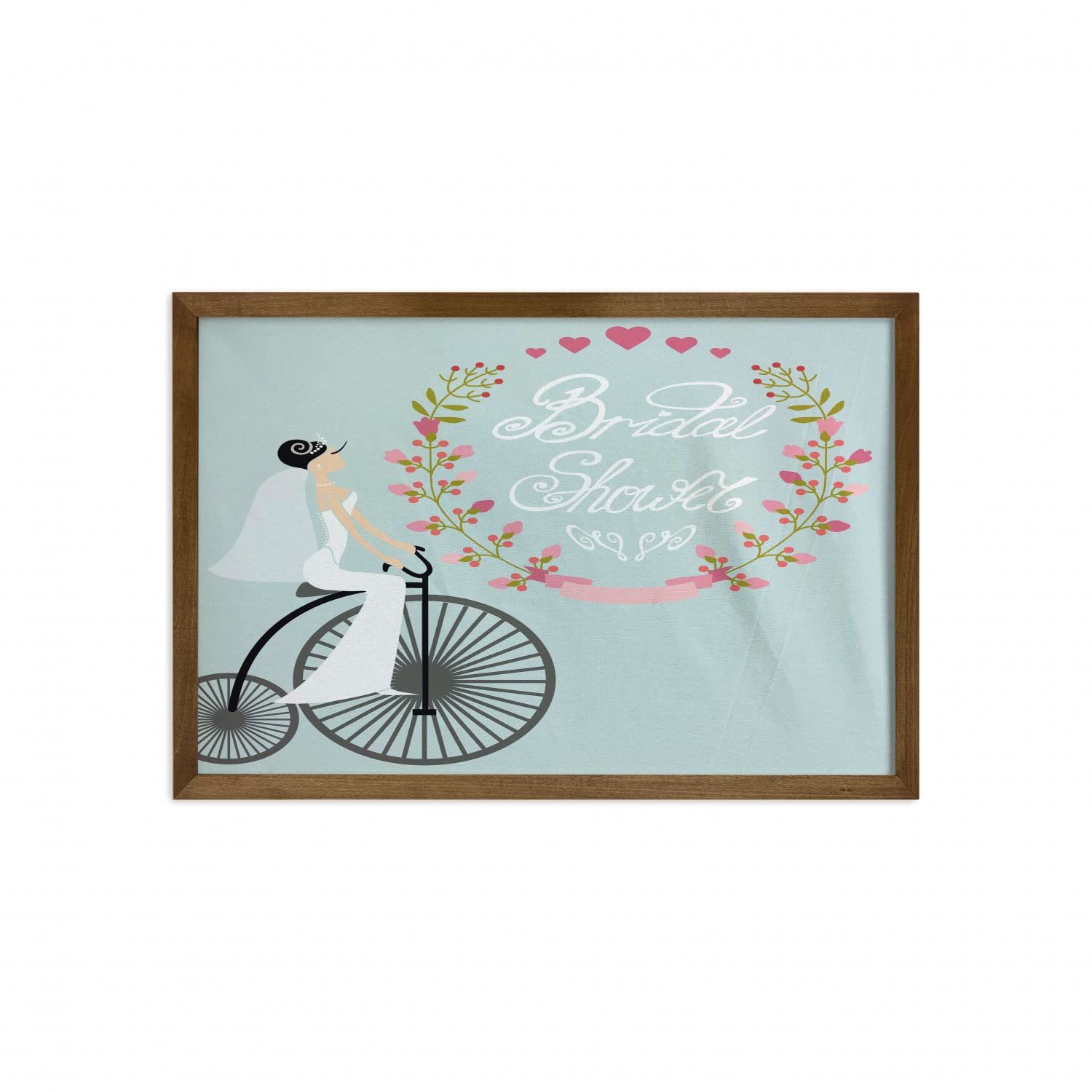 Ambesonne Bridal Shower Wall Art - Bride on Bicycle in Wedding Dress with Flowers, Teak Wood Framed Fabric Decor, 35x23 Inches, Charcoal Grey & Pale Blue - Perfect for Wedding Gifts, Home & Dorm Decor
