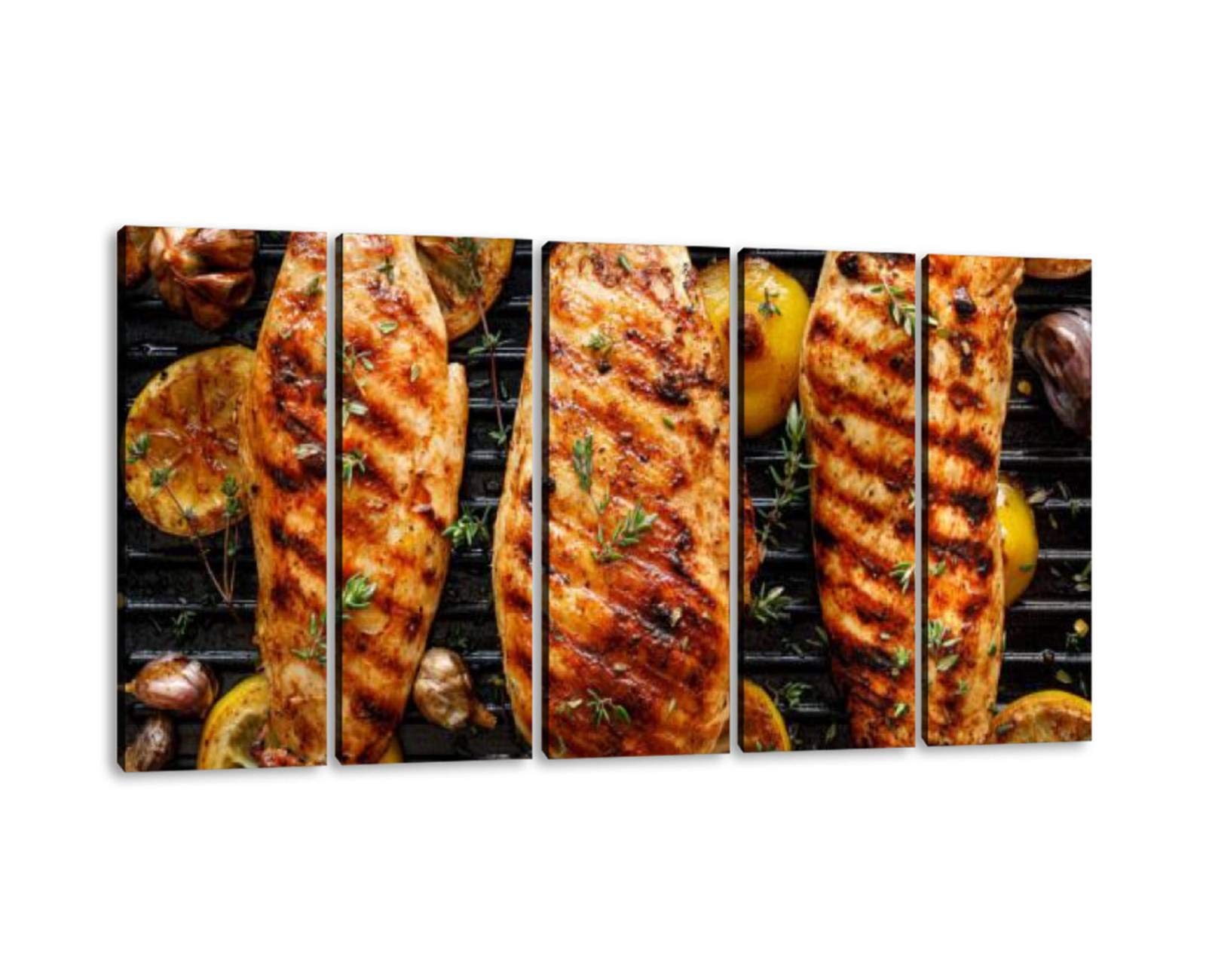 KiiAmy 5 Panels Modern Canvas Wall Art - Grilled Chicken Breasts with Thyme, Garlic & Lemon Slices on Grill - Kitchen & Dining Room Decor - Framed Painting Ready to Hang (60''W x 32''H) - Perfect for Home, Restaurant, or Cafe Decoration