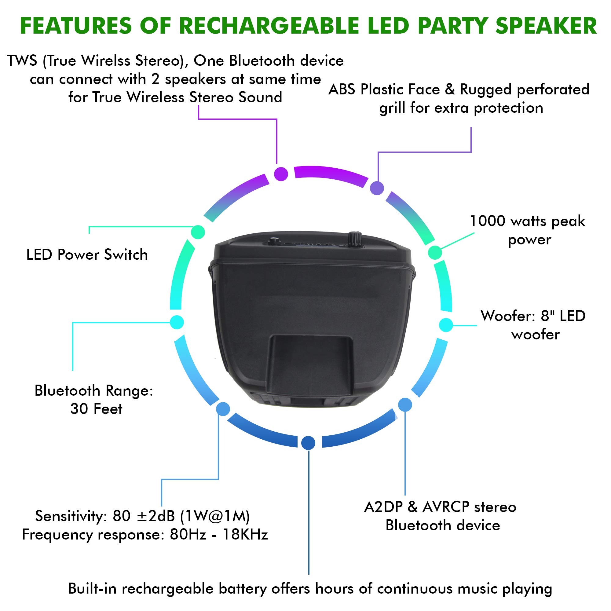Technical Pro 8 Inch Portable 800W Bluetooth Speaker with Woofer & Tweeter - Wireless PA System with LED Lights, Bluetooth/USB/SD Card Support, TWS for Dual Speaker Setup | Perfect for Outdoor Parties, Festivals & Home Entertainment