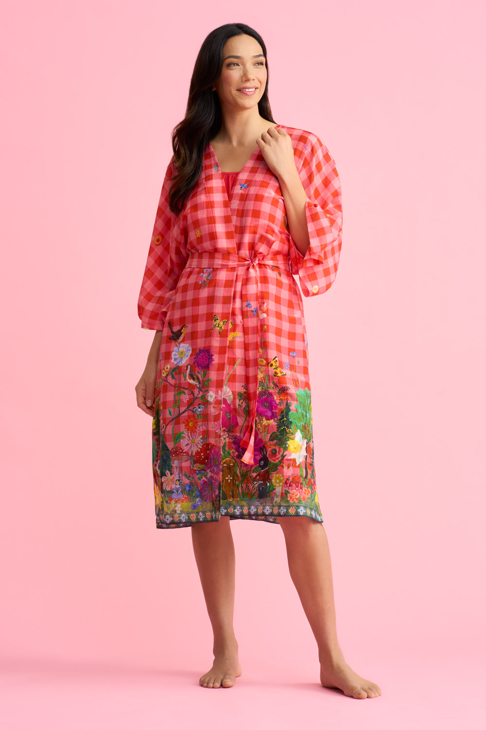 Nathalie Lété Cotton Silk Kimono Robe - Forest Red Gingham Print Women's Loungewear for Spa, Beach Cover-Up & Boho Chic Outfits