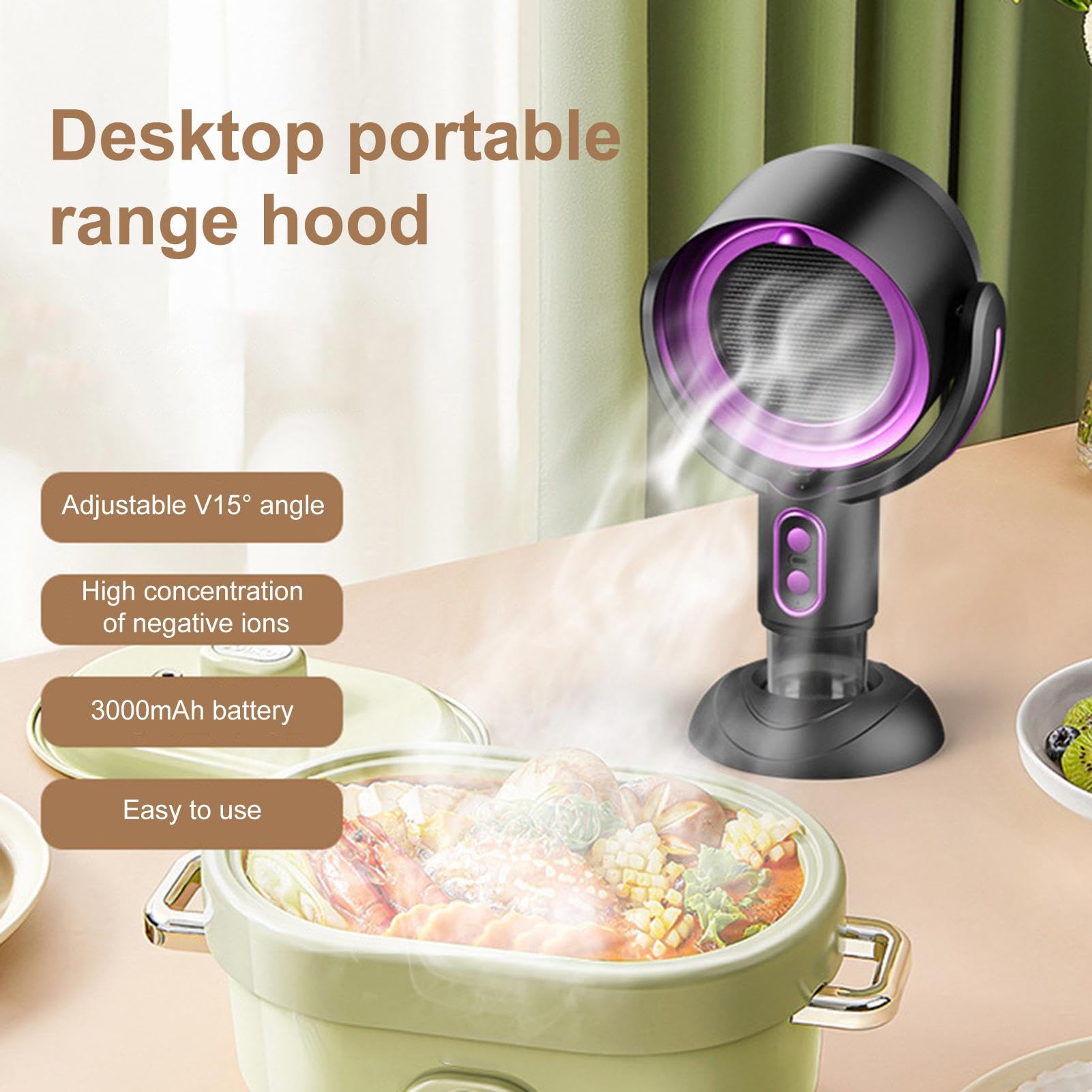 Portable Range Hood for Kitchen - 3000mAh Rechargeable Desktop Range Hood with 360° Rotation | Compact & Quiet Air Purifier for Hot Pot, RV Cooking, Home Kitchen, and Camping Use