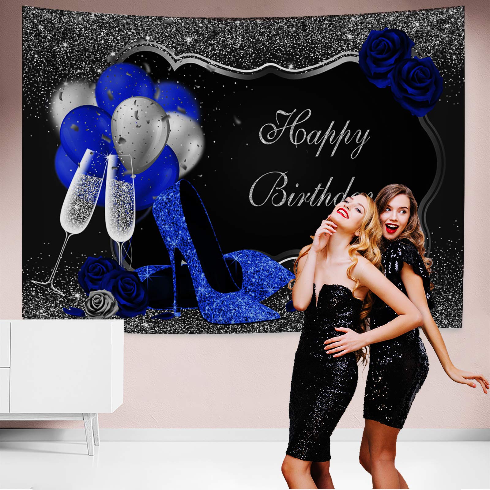 Royal Blue High Heels & Balloons Birthday Backdrop - 8x6ft (96x72 inch) Silver & Black Party Decoration for Women with Blue Roses - Perfect for Birthday Celebrations, Baby Showers & Special Events