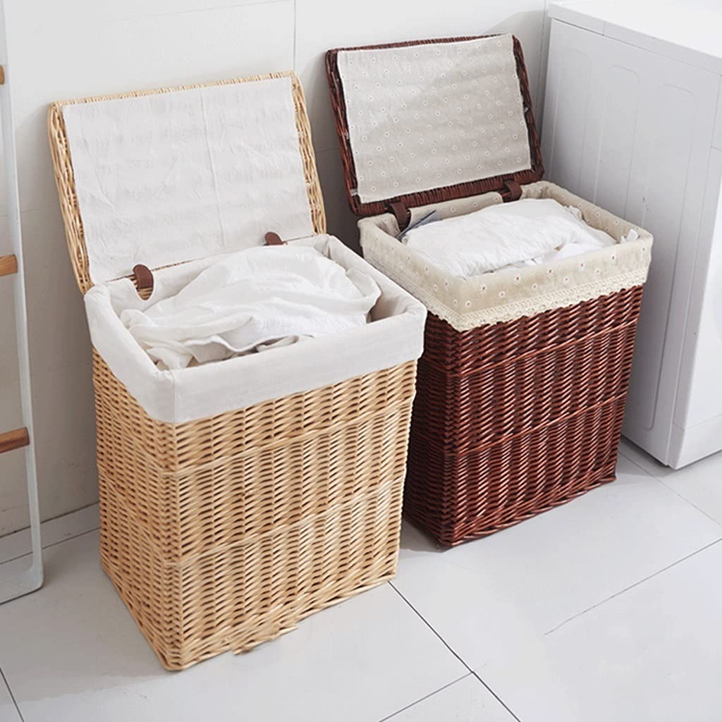 Wicker Basket with Lid - 30x25x38cm Storage Basket for Home Organization, Gifts, Shelves, Shoes, Laundry & Clothes | Natural Woven Fabric Bin for Bedroom, Bathroom & Closet Storage