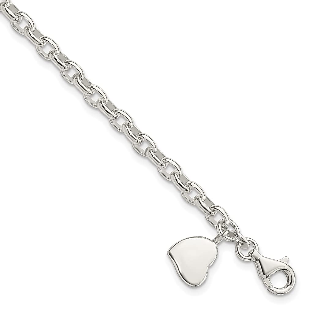 925 Sterling Silver Oval Rolo Solid Engraveable Heart Bracelet - 7 Inch Adjustable Love Charm Bracelet for Women | Perfect Gift for Her, Anniversary, Valentine's Day & Mother's Day Jewelry