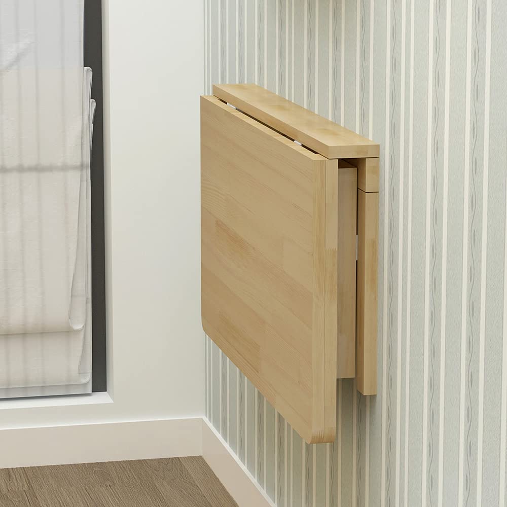 Space Saving Folding Wall-Mounted Drop Leaf Table - Pine Wood Computer Desk for Small Spaces, Kids Study Table, Hanging Kitchen Dining Table & Home Office Desk (Natural Wood Color) | Perfect for Apartments, Dorms & Tiny Homes