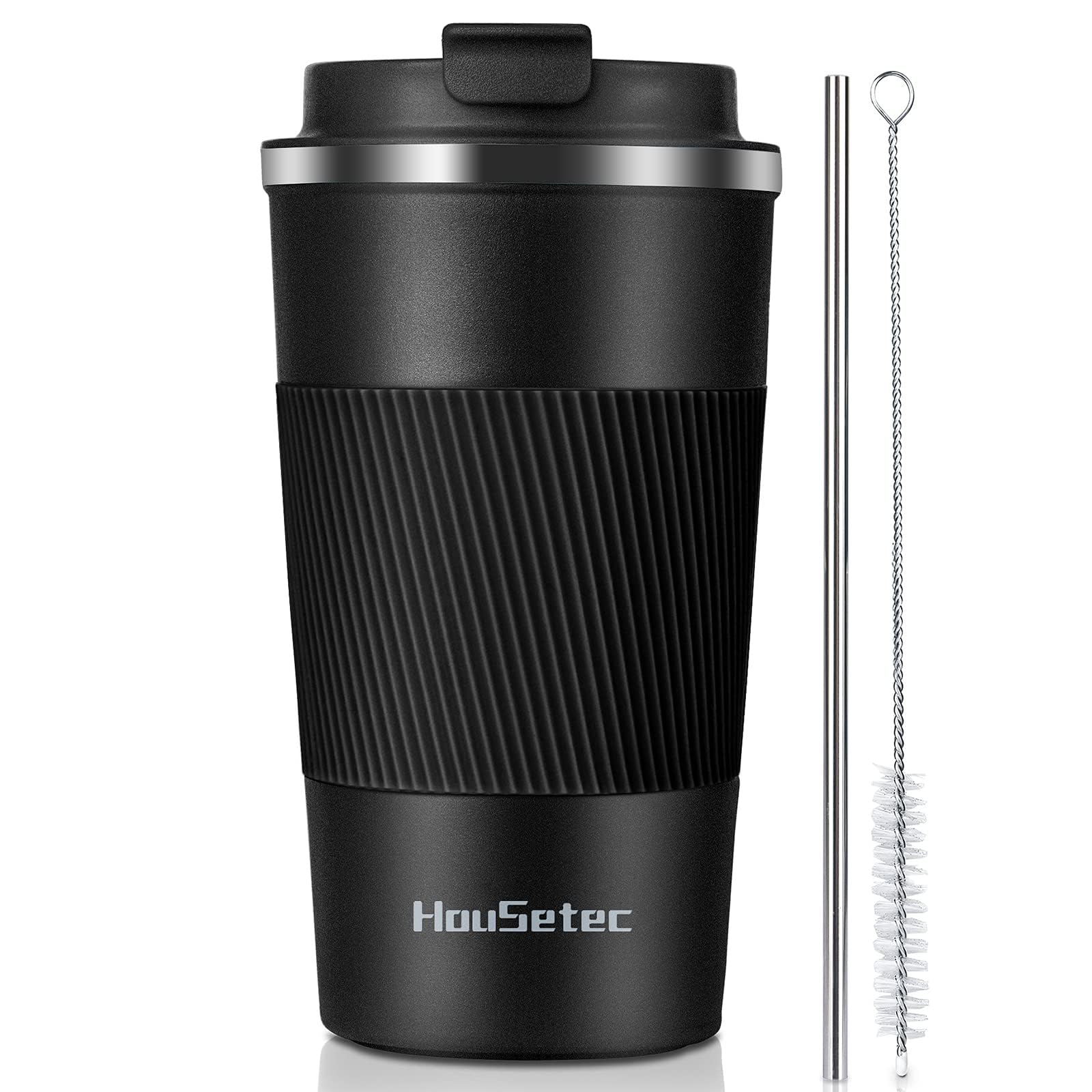 Insulated Travel Coffee Mug with Leakproof Lid & Straw - 17oz Stainless Steel Thermos for Hot/Cold Beverages - Perfect for Office, Camping & Commuting - Keeps Coffee, Tea & Water at Ideal Temperature (Black)