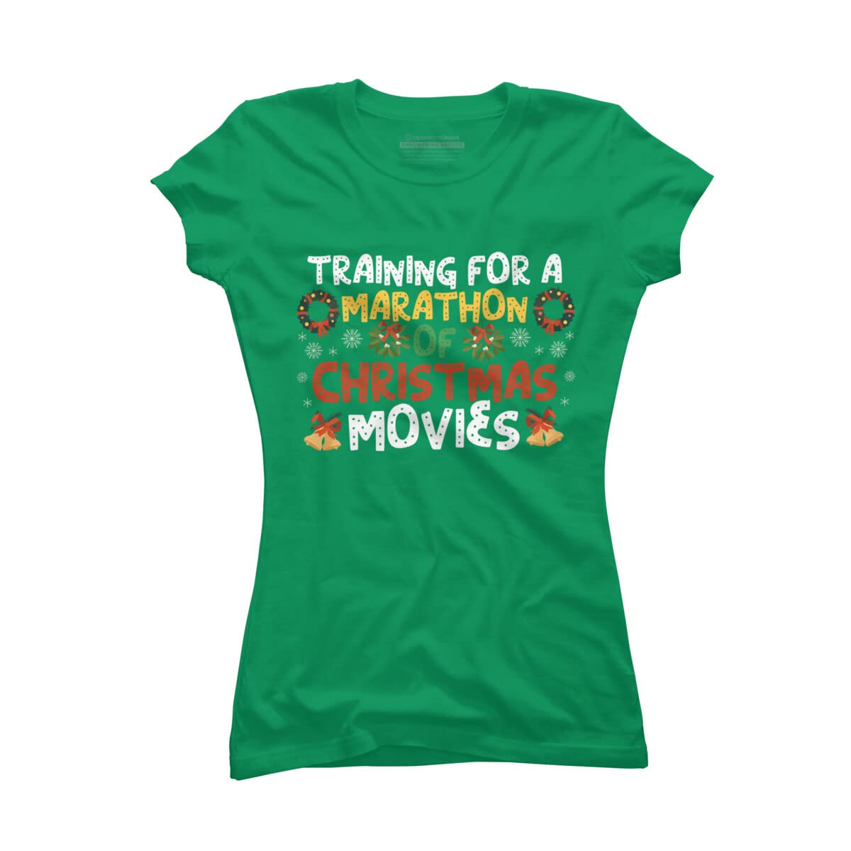 Design By Humans Junior's Marathon Christmas Movie Training T-Shirt | Cute Holiday Graphic Tee for Women & Girls | Perfect for Christmas Parties, Movie Nights & Festive Outfits