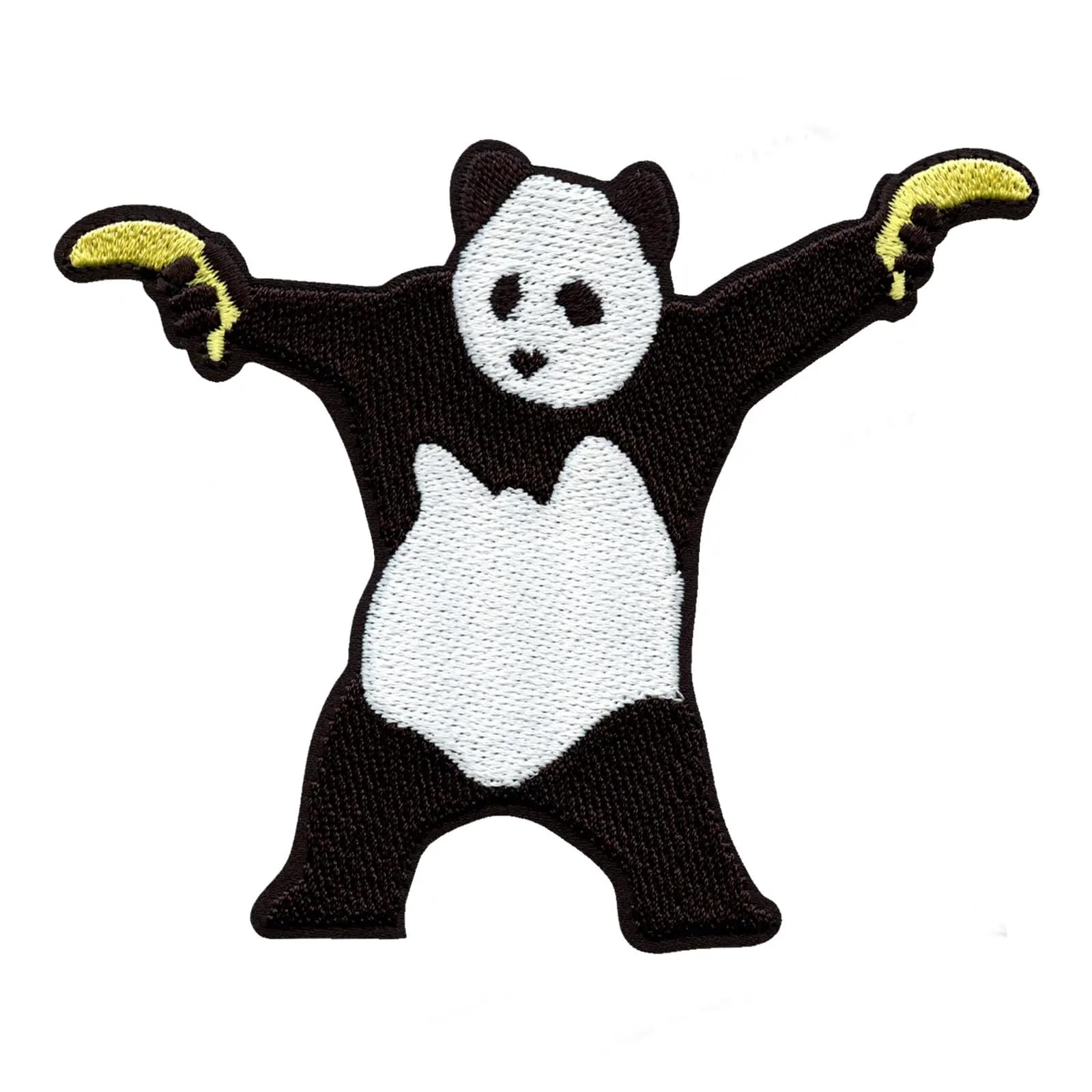 Banksy Panda with Banana Guns Embroidered Iron-On Patch - Street Art Photo Patch for Jackets, Bags & DIY Crafts | Punk, Hipster & Urban Fashion Accessory