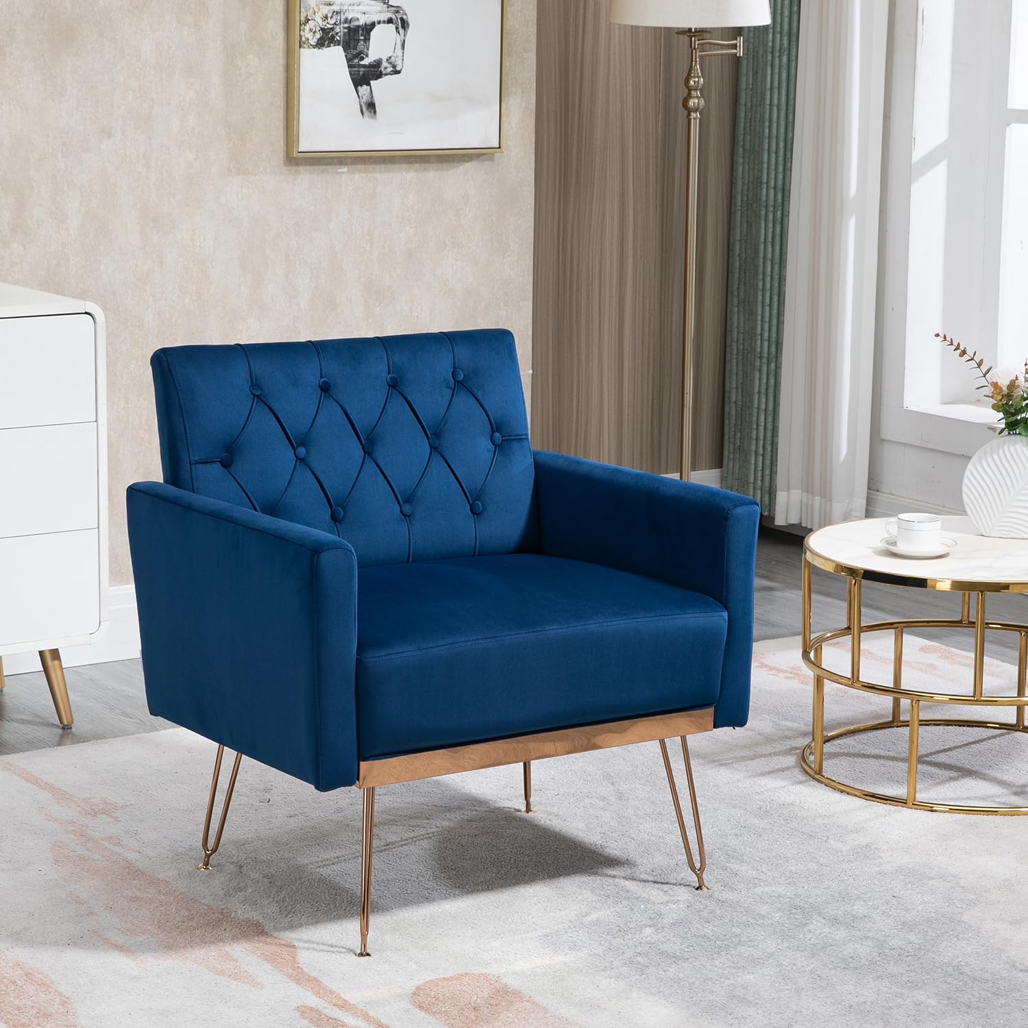 Velvet Tufted Accent Chair - Comfortable Living Room Lounge Armchair with Rose Gold Metal Trim, Upholstered Sofa Chair for Bedroom & Office Decor | Perfect for Relaxing, Reading & Small Space Seating