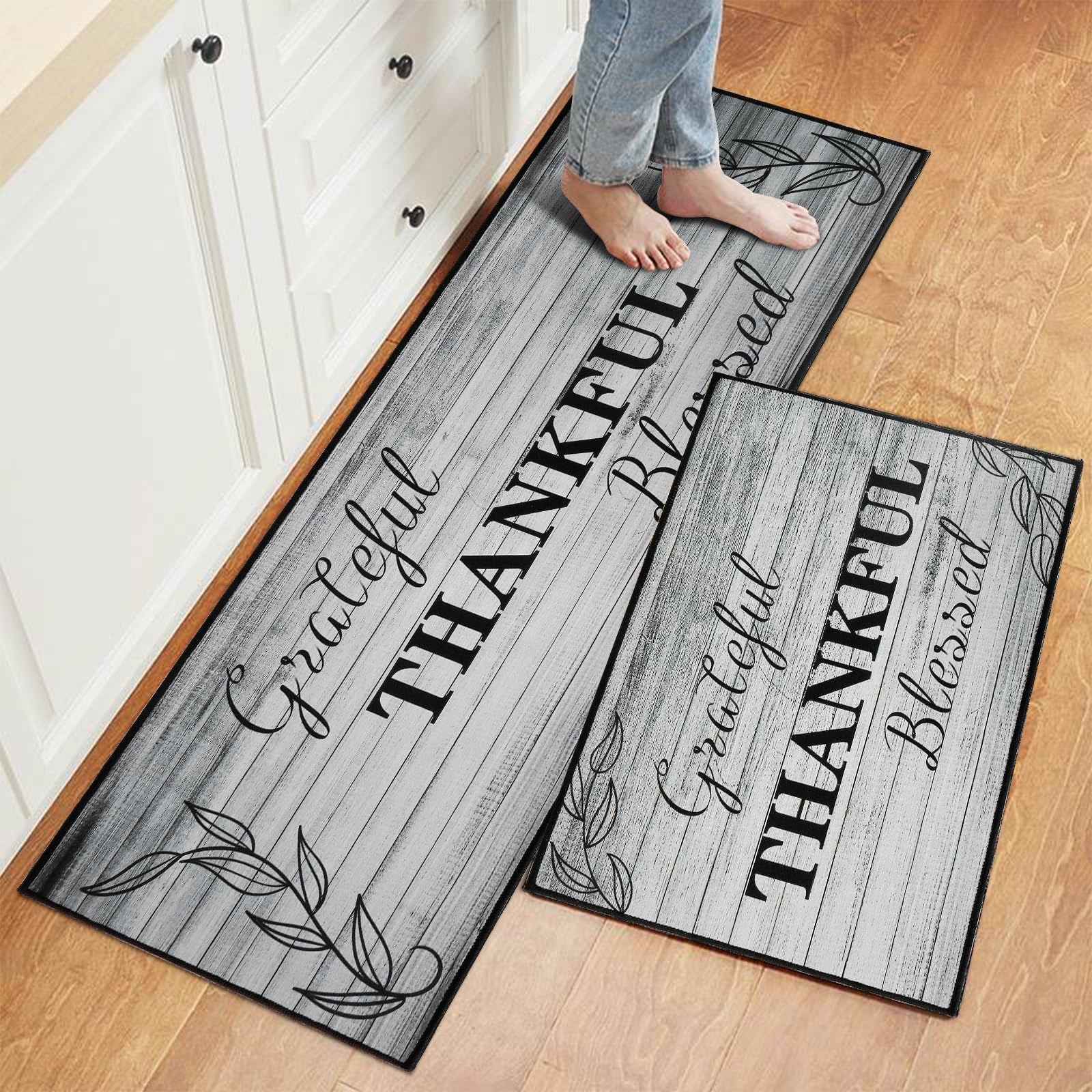 2 Pcs Washable Non-Slip Kitchen Rugs Set - Cushioned Farmhouse Floor Mats for Sink, Bathroom, Home - Perfect for Standing Comfort in Kitchen & Laundry Areas