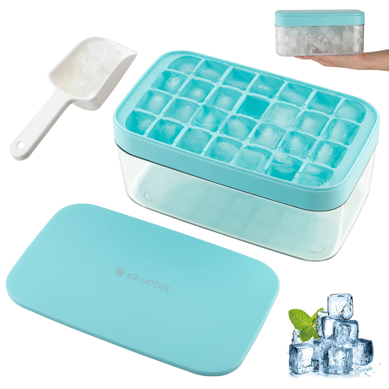 Reusable Ice Cube Trays with Lid, Container & Scoop - BPA Free 28-Piece Small Square Ice Mold (0.3Oz) for Cocktails, Whiskey, Smoothies - Easy Release Freezer Ice Cubes | Perfect for Home Bars, Parties & Beverage Cooling (Blue)