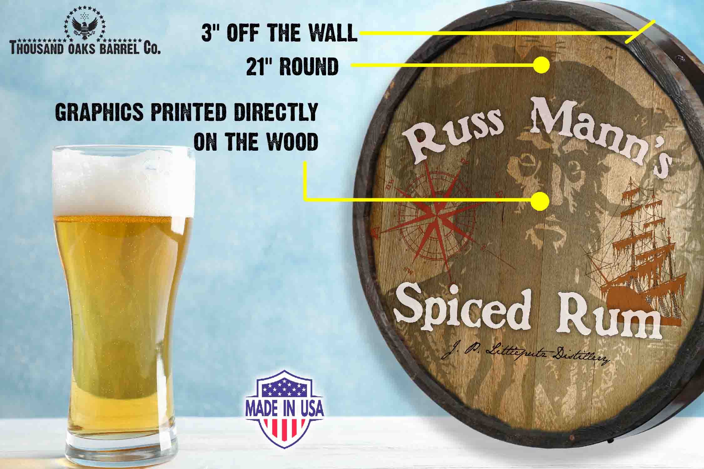 Personalized 21-Inch Whiskey Barrel Head Sign by Thousand Oaks Barrel Co. - Custom Wooden Home Bar Decor for Man Cave, Kitchen, Office - Pirate Theme Wine Barrel Lid Wall Art (C7) - Perfect for Rustic Home Decor, Whiskey Lover Gifts & Western Style Interior Design