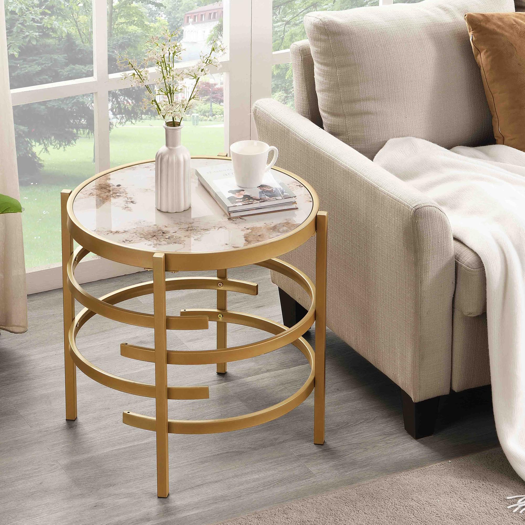 Modern Round Coffee Table & End Table Set of 3 - Gold Metal Frame with Marble Top - Luxury Living Room Furniture for Home & Office - Perfect for Small Spaces, Entertaining Guests & Stylish Home Decor