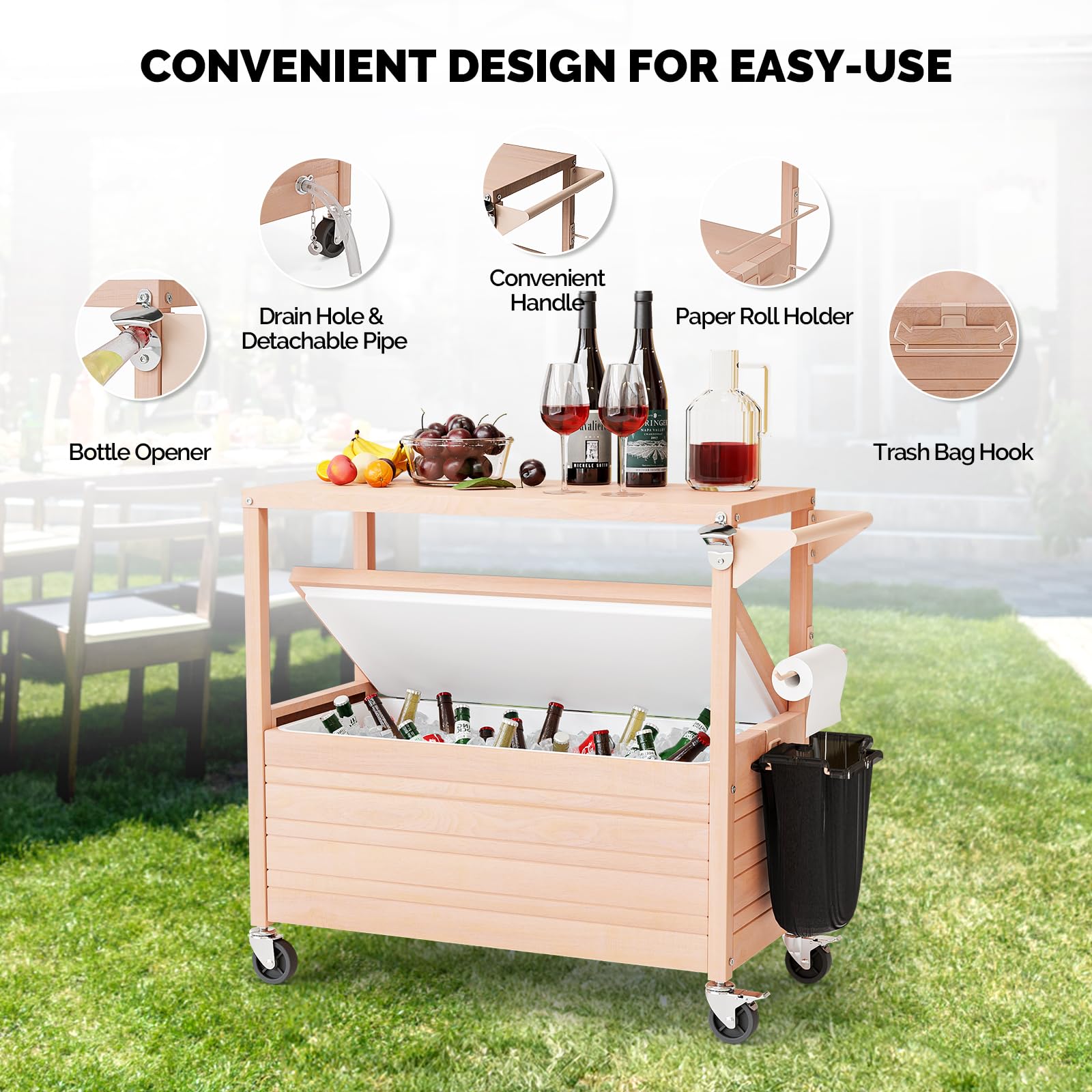 VINGLI 80 Quart Rolling Ice Chest Cooler with Wheels - Portable Cooler Table for Outdoor, Camping, Tailgating & Pool Parties - Includes Built-in Table, Beverage Storage & Bottle Opener - Perfect for BBQs, Beach Trips & Backyard Gatherings