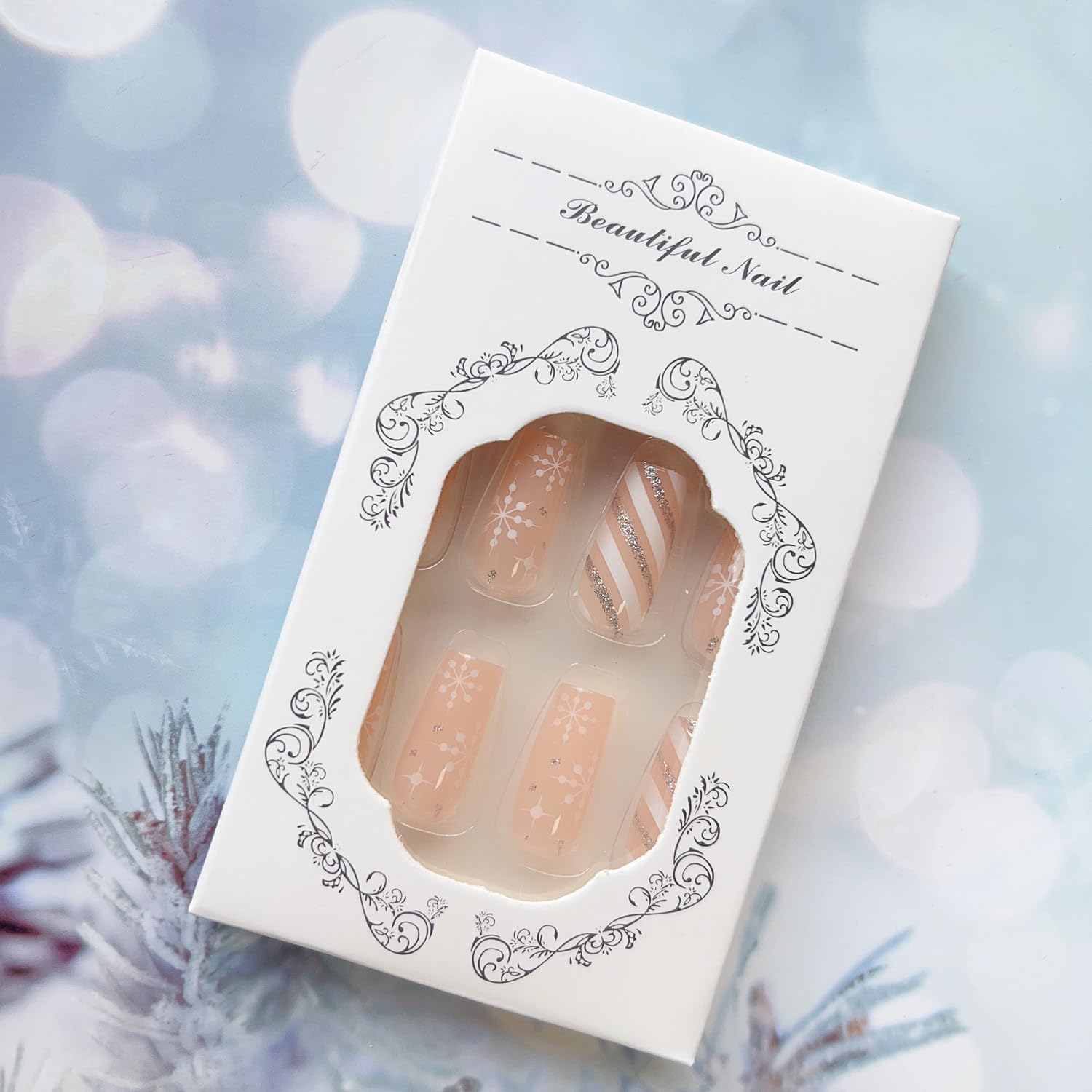LPOODDNU Winter Snowflake Press on Nails - 24Pcs Medium Square Fake Nails with Glossy Silver Glitter for Christmas | Cute Xmas Stick on Nails for Women | Holiday Party, Gift Giving & Special Occasions