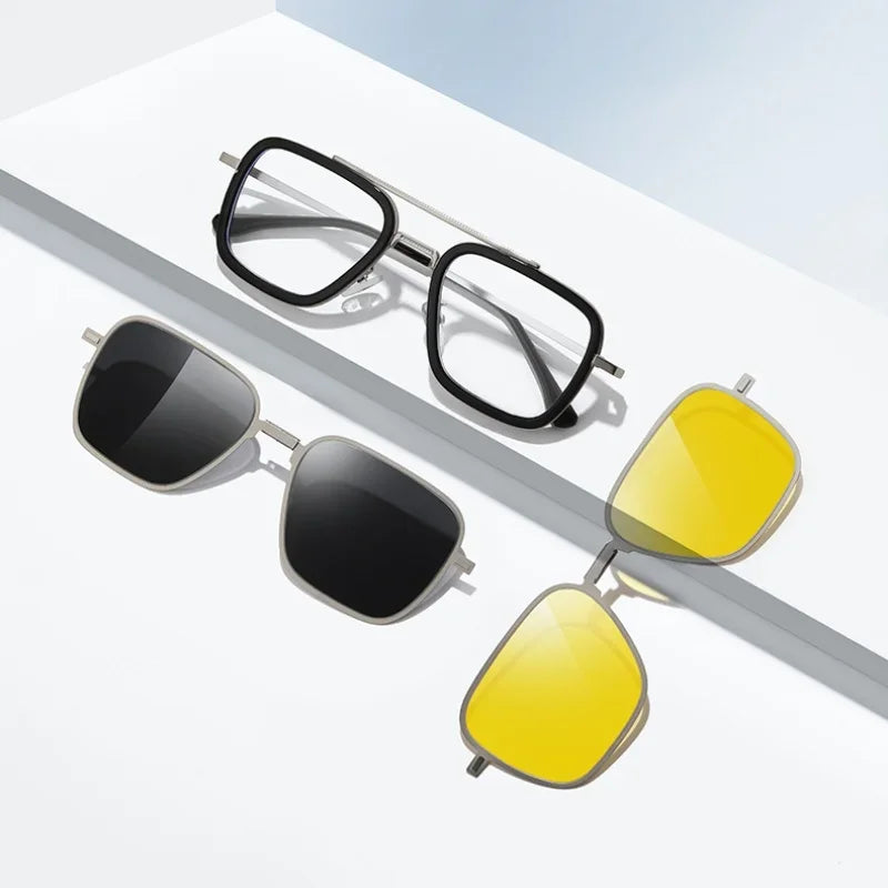 Aror Unisex Full Rim Square Double Bridge Alloy Acetate Eyeglasses with Clip-On Sunglasses - Stylish Reading Glasses & UV Protection for Men & Women - Perfect for Driving, Outdoor Activities & Fashion Accessories