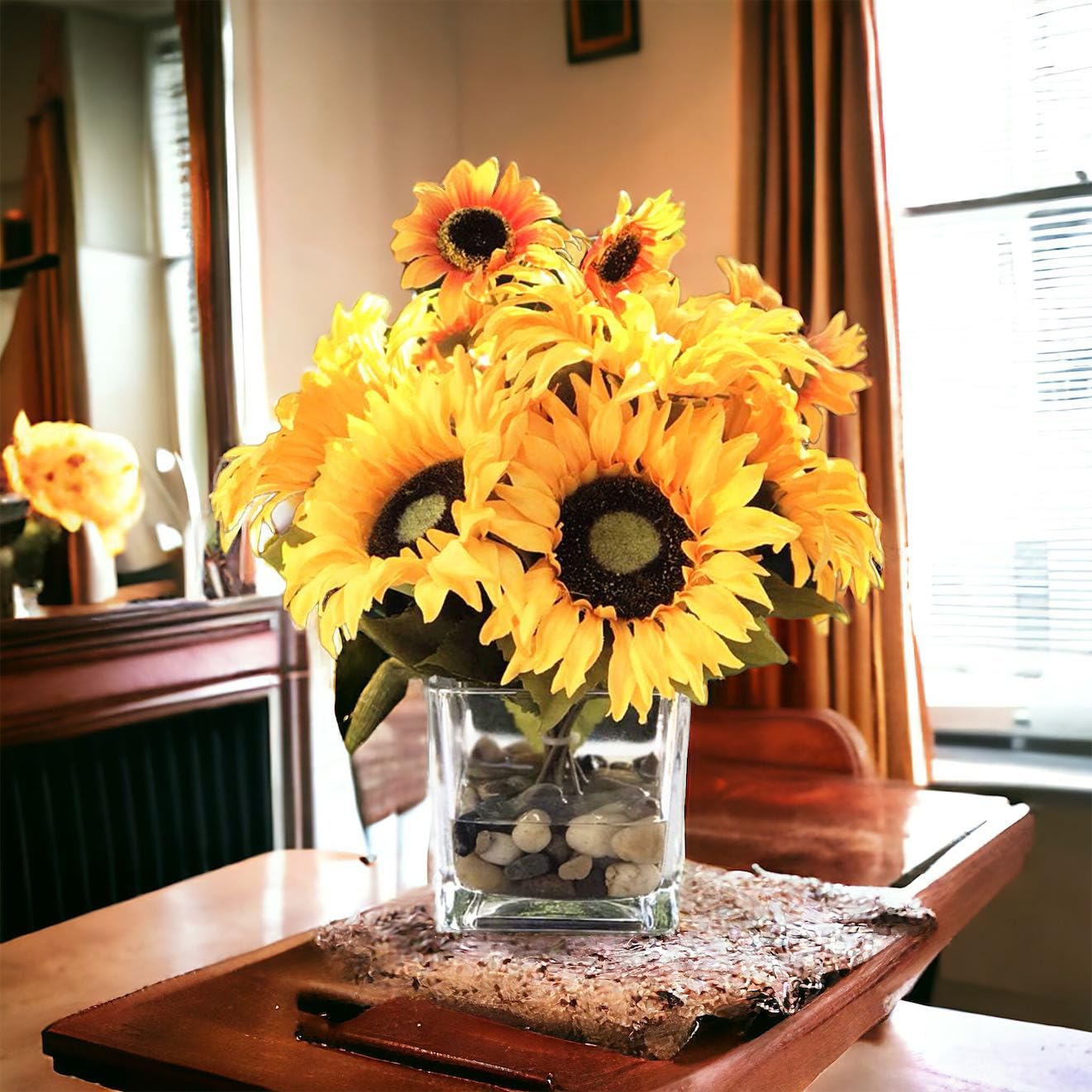 ENOVA HOME Mixed Sunflower Arrangement in Cube Glass Vase with River Rock & Faux Water - Yellow Orange Artificial Flowers for Home, Office, Wedding & Table Decor