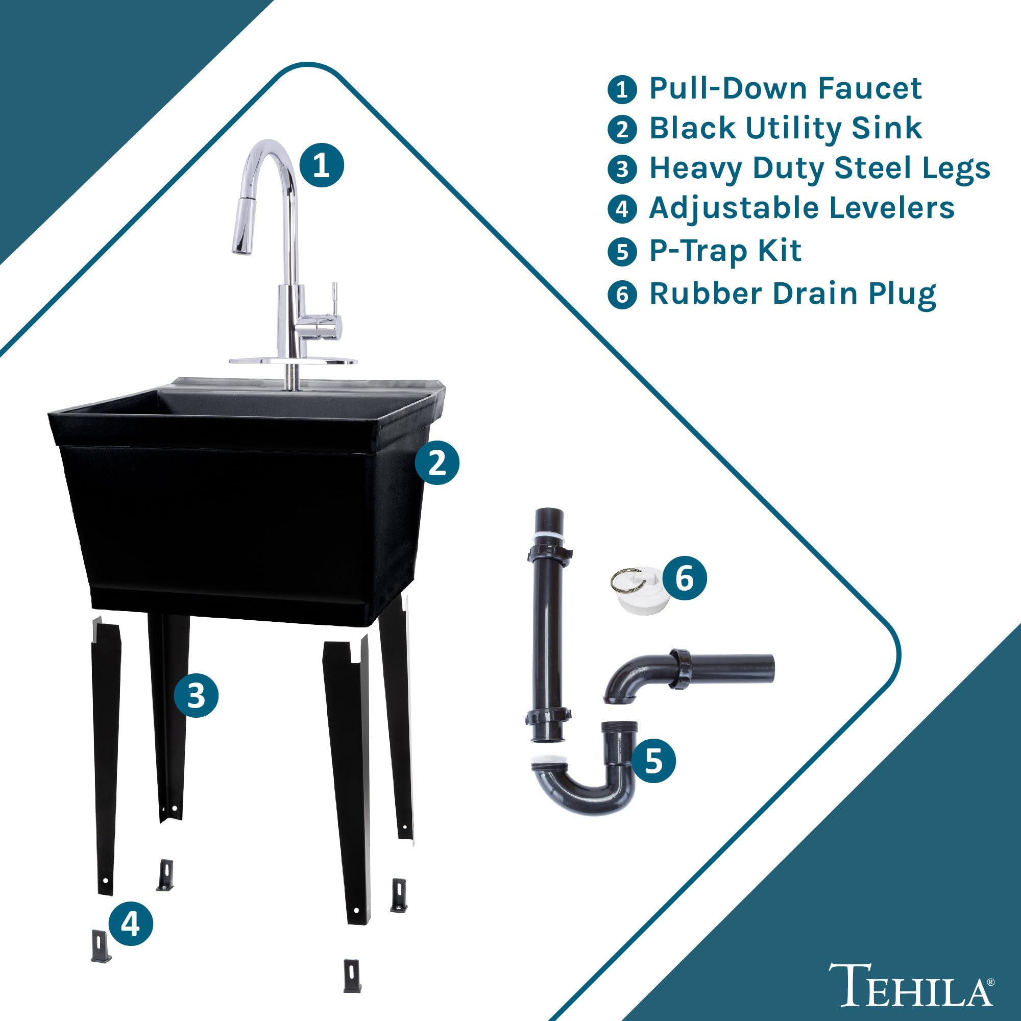 JS Jackson Supplies Laundry Utility Sink with High Arc Pull-Down Chrome Faucet & Black Tub - Perfect for Basement, Garage, and Laundry Room