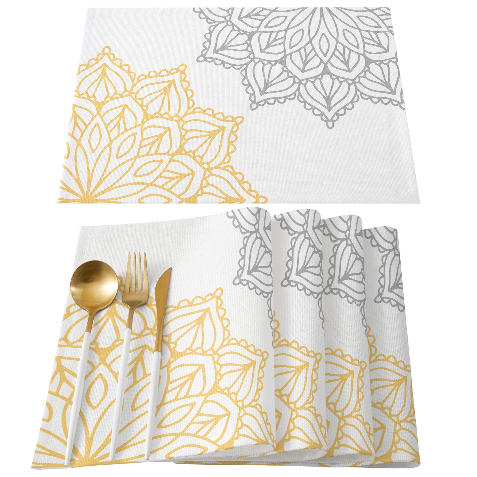 Elegant Yellow & Grey Dahlia Flower Placemats Set of 4 - Cotton Linen Heat-Resistant Non-Slip Washable Table Mats for Dining, Kitchen, Holiday Banquet Decor | Perfect for Thanksgiving, Christmas Dinner & Everyday Use