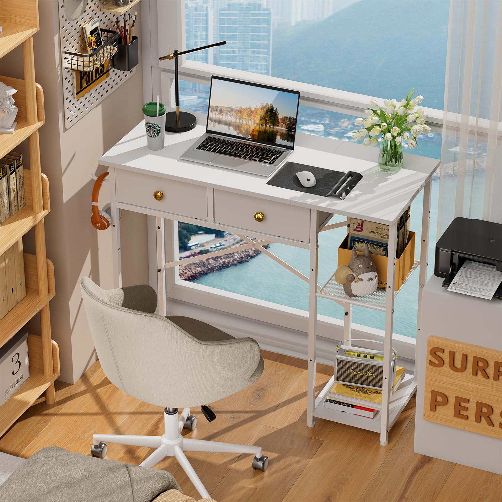 White Computer Desk 36 Inch - Small Desk with Drawers & Storage Shelves, Compact Home Office Desk for Bedroom, Living Room, Dorm | Space-Saving Vanity Desk for Small Spaces (White) - Perfect for Remote Work, Study & Makeup Station