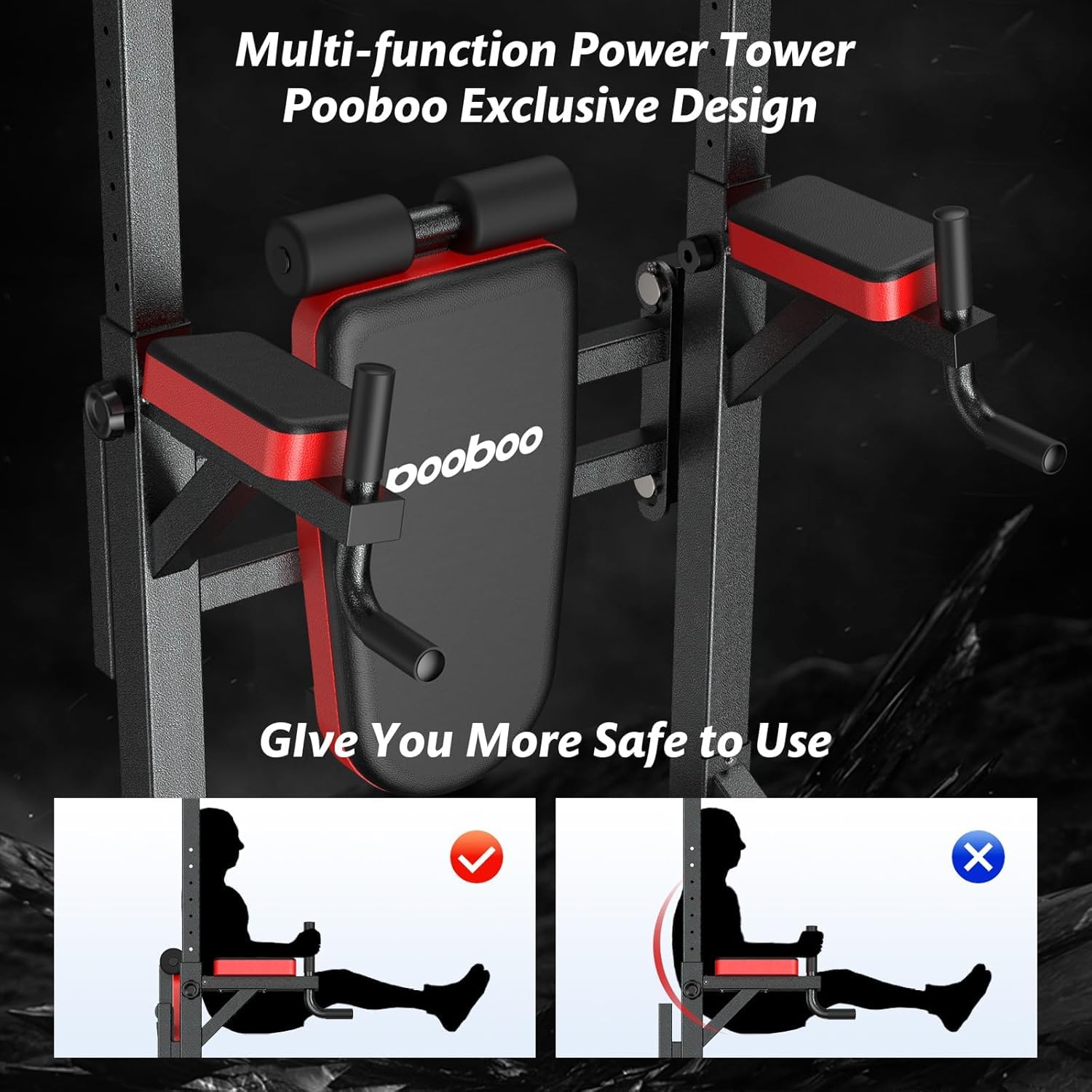 Pooboo Adjustable Power Tower Dip Station - Pull Up Bar Stand for Home Gym, Strength Training Equipment for Full Body Workout - Perfect for CrossFit, Calisthenics & Home Fitness Training