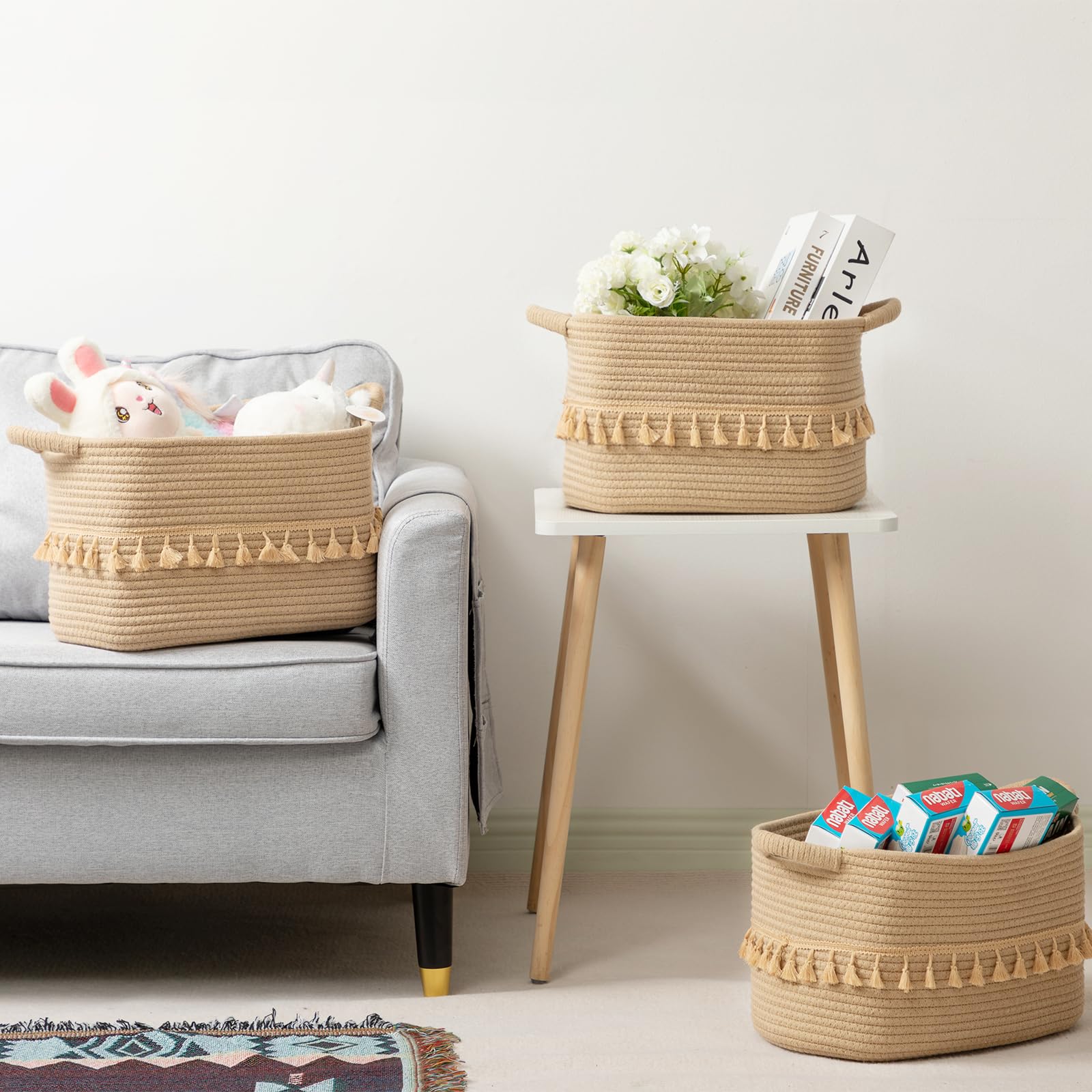 3-Pack TeoKJ Cotton Rope Storage Baskets - Organizer for Toys, Clothes & Blankets - Decorative Woven Jute Bins for Living Room, Nursery, Bathroom - Perfect for Home Organization & Stylish Storage Solutions