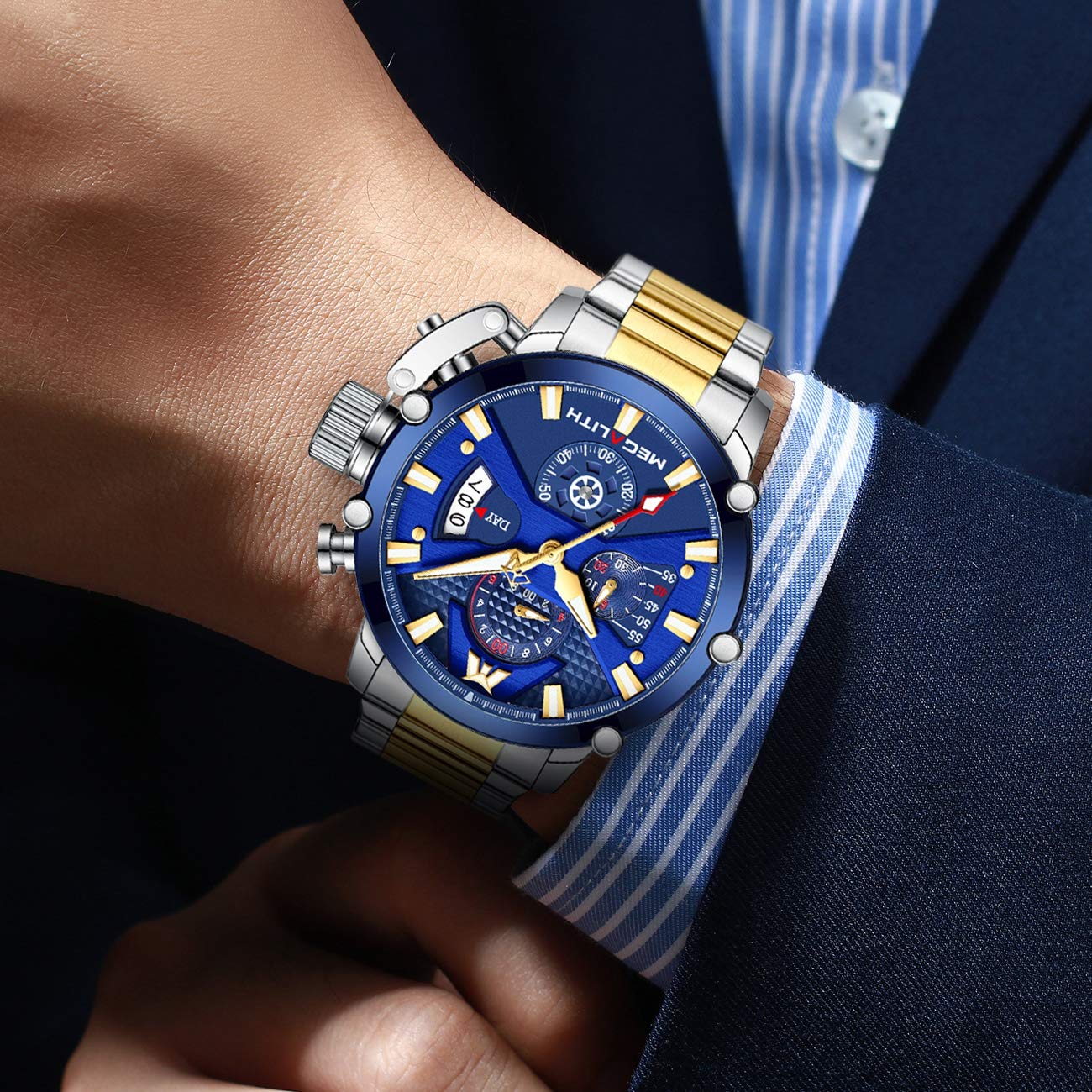 MEGALATH Men's Stainless Steel Chronograph Watch 45mm - Waterproof Analog Quartz Date Luminous Multifunctional Wristwatch for Men - Perfect for Outdoor, Business, Casual & Sports Wear
