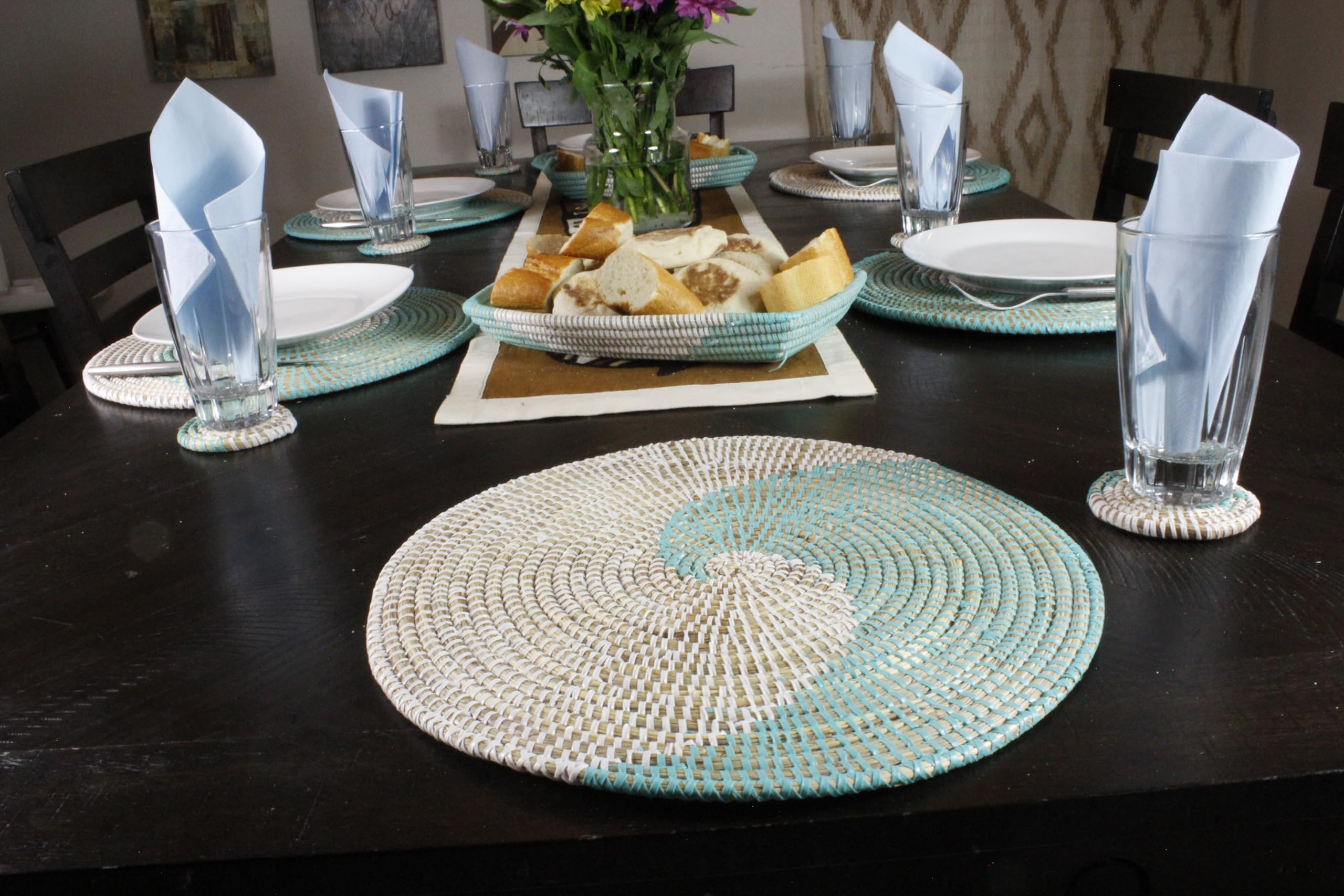 Handwoven African Bohemian Seagrass Placemats - Natural Round Wicker Basket Placemats & Decorative Hanging Wall Plates (Light Blue & White) | Perfect for Boho Dining, Kitchen Decor & Wall Art