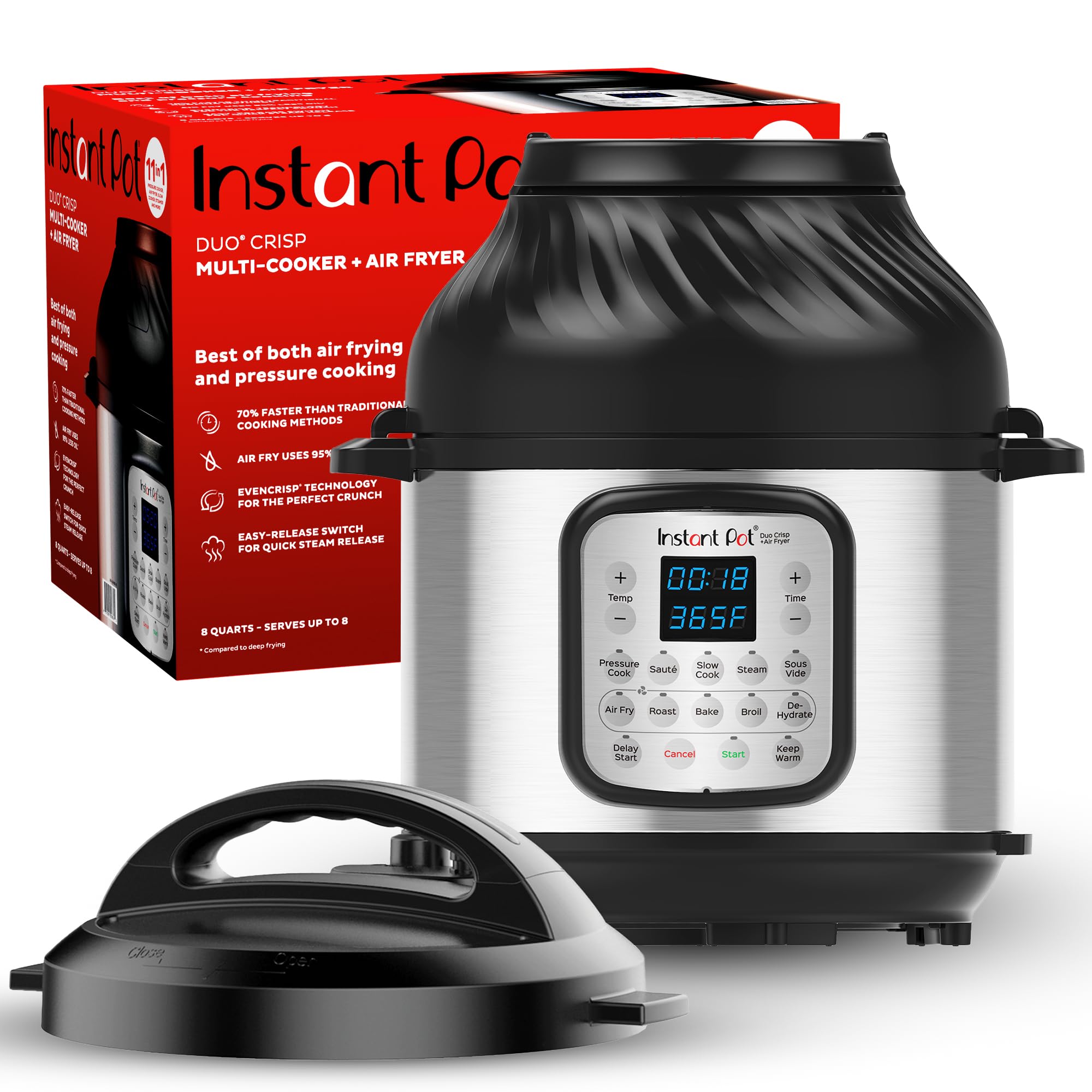 Instant Pot Duo Crisp XL 8Qt 11-in-1 Air Fryer & Electric Pressure Cooker Combo - Multi-Cooker with Air Fry, Roast, Steam, Slow Cook, Sauté & Dehydrate Functions | Includes Free App with 1300+ Recipes | Perfect for Family Dinners, Meal Prep & Healthy Cooking
