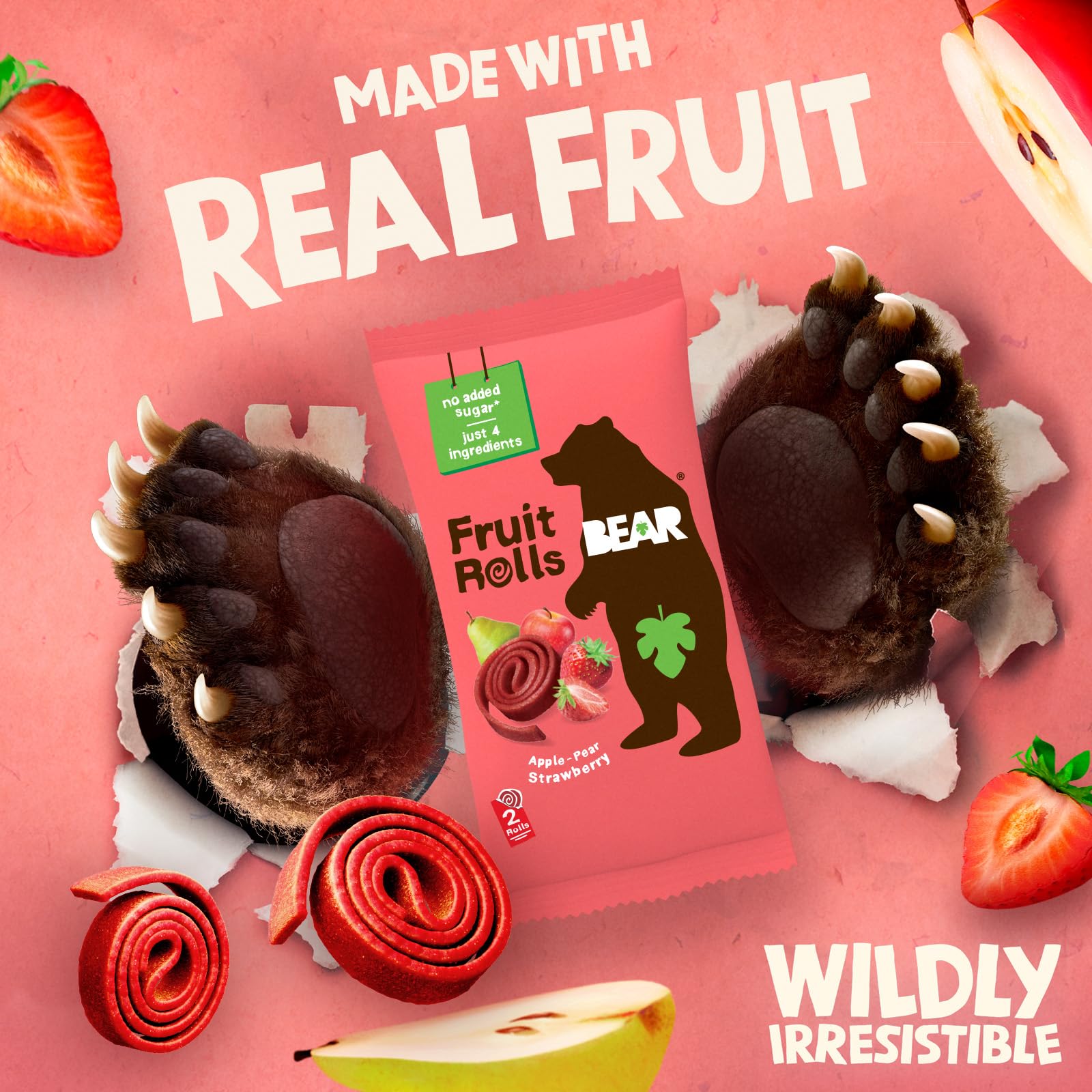 BEAR Real Fruit Snack Rolls - Gluten Free, Vegan, Non-GMO Strawberry Snacks - Healthy School & Lunch Snacks for Kids & Adults - 0.7oz (18 Pack) - Perfect for On-the-Go, Travel & After-School Treats