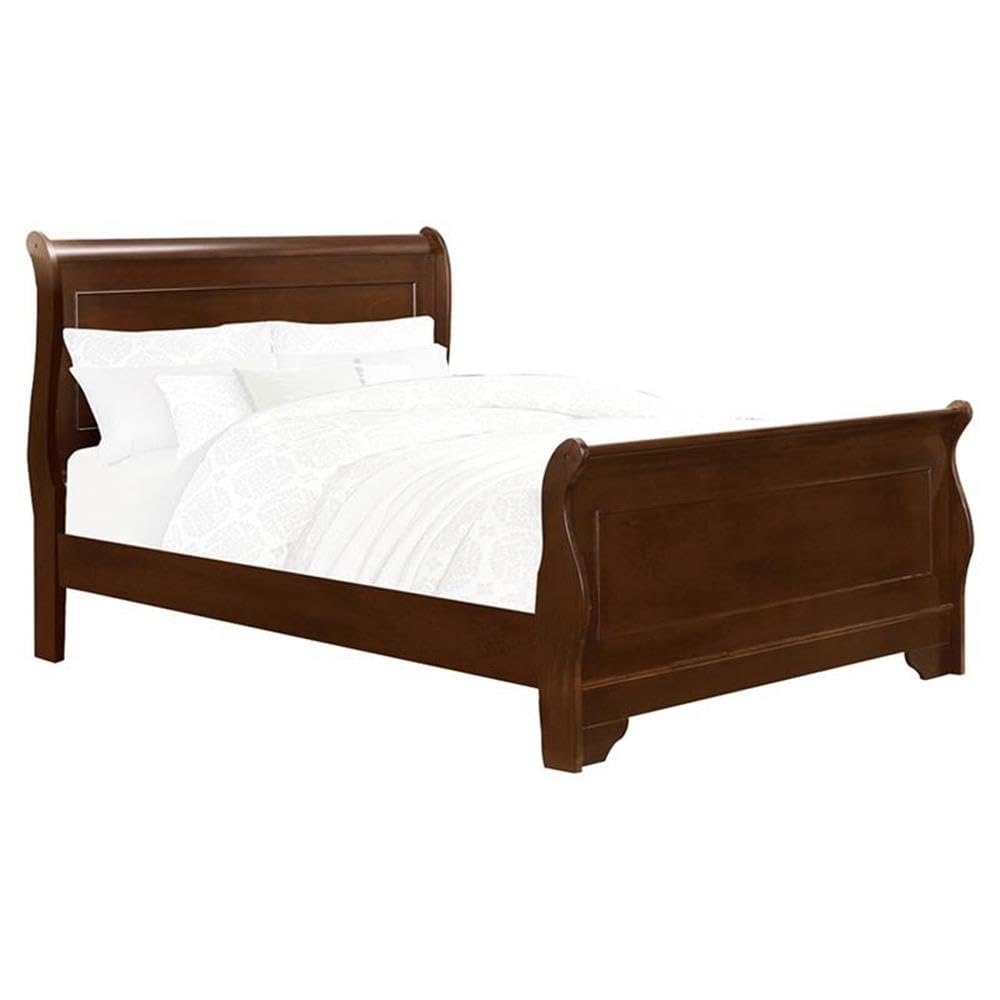 Pemberly Row Queen Size Sleigh Bed with Footboard - Solid Wood Cherry Finish - Easy Assembly Bed Frame - Perfect for Master Bedrooms & Guest Rooms